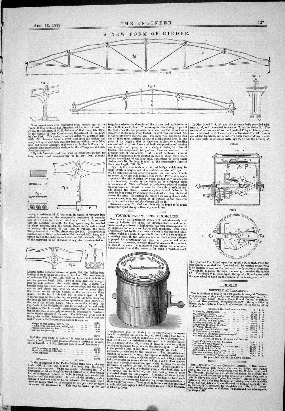 Antique Old Print 1882 Diagram Girder Young Patent Speed Indicator Machinery