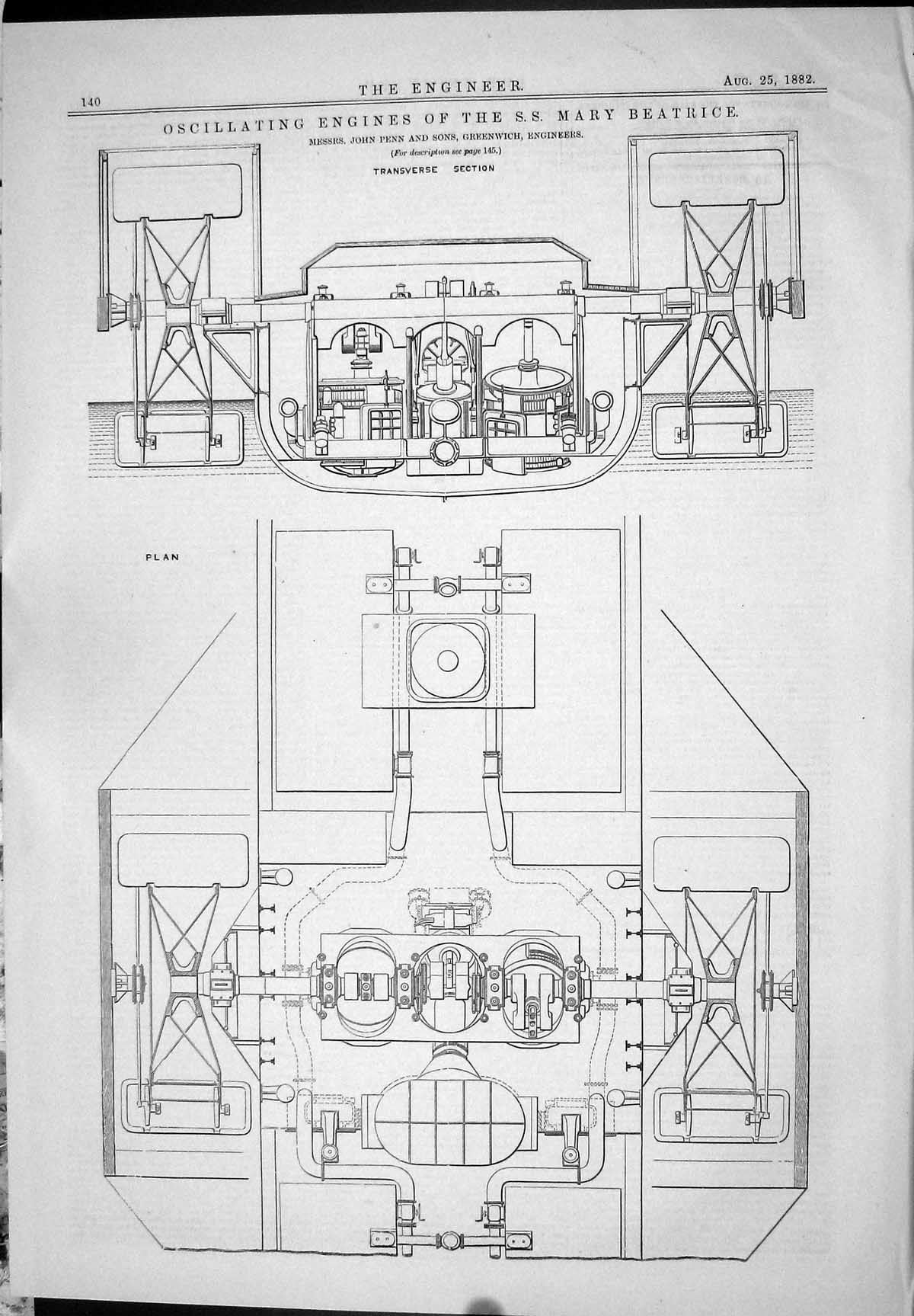 Old Print 1882 Oscillating Engines S.S. Mary Beatrice John Penn Greenwich 19th