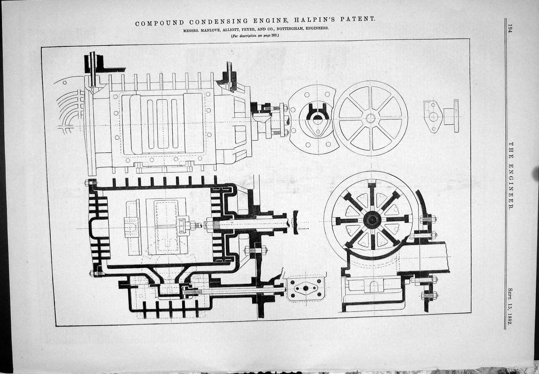 Antique Old Print 1882 Condensing Engine Halpin Patent Manlove Alliott Fryer