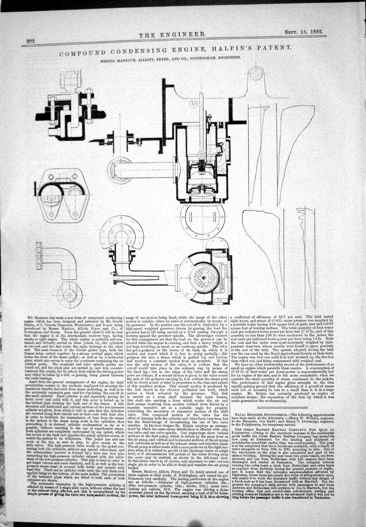 Old Print 1882 Compound Condensing Engine Halpine Patent Manlove Alliott 19th