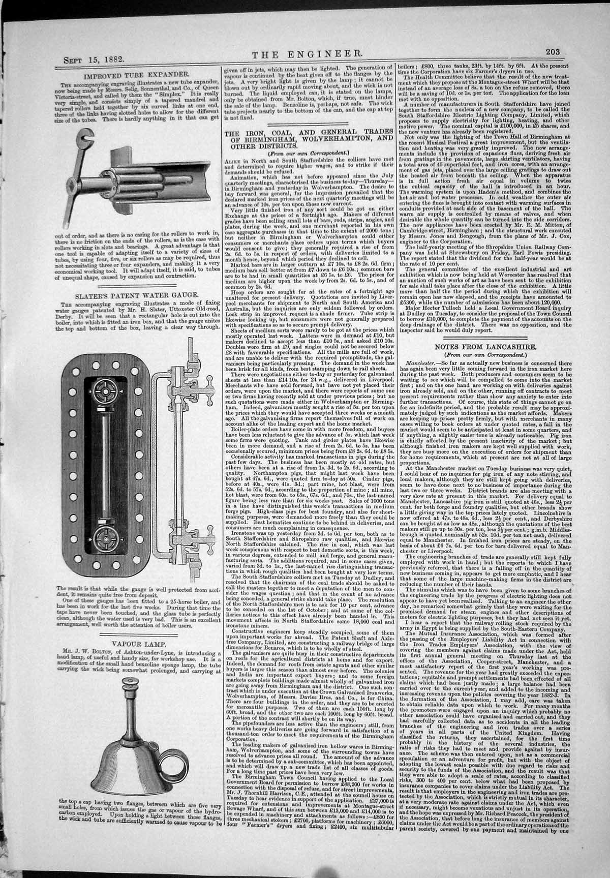 Antique Old Print 1882 Improved Tube Expander Slater Water Gauge Vapour Lamp