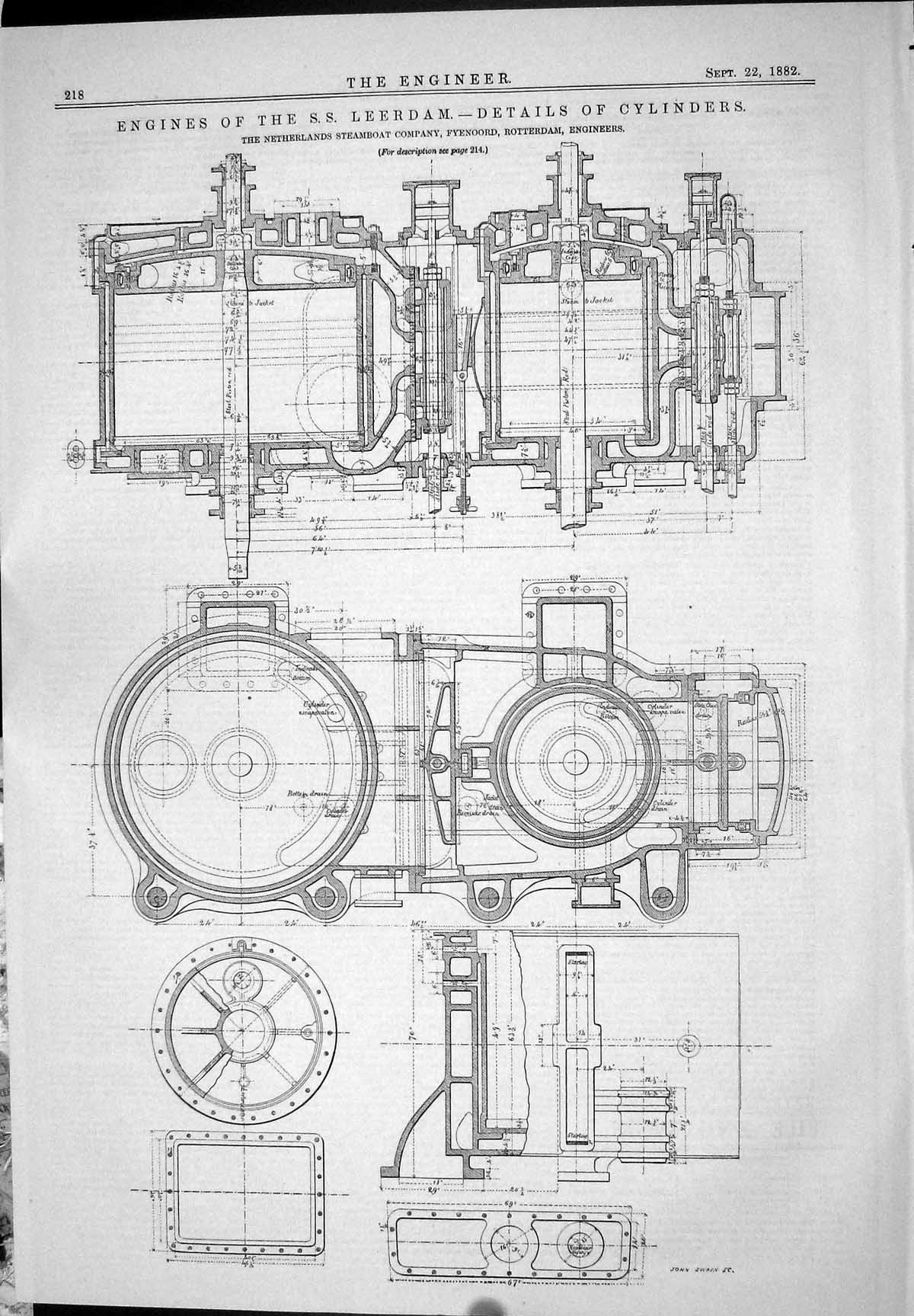 Old 1882 Engineering Engines S.S. Leerdam Details Cylinders Fyenoord Victorian