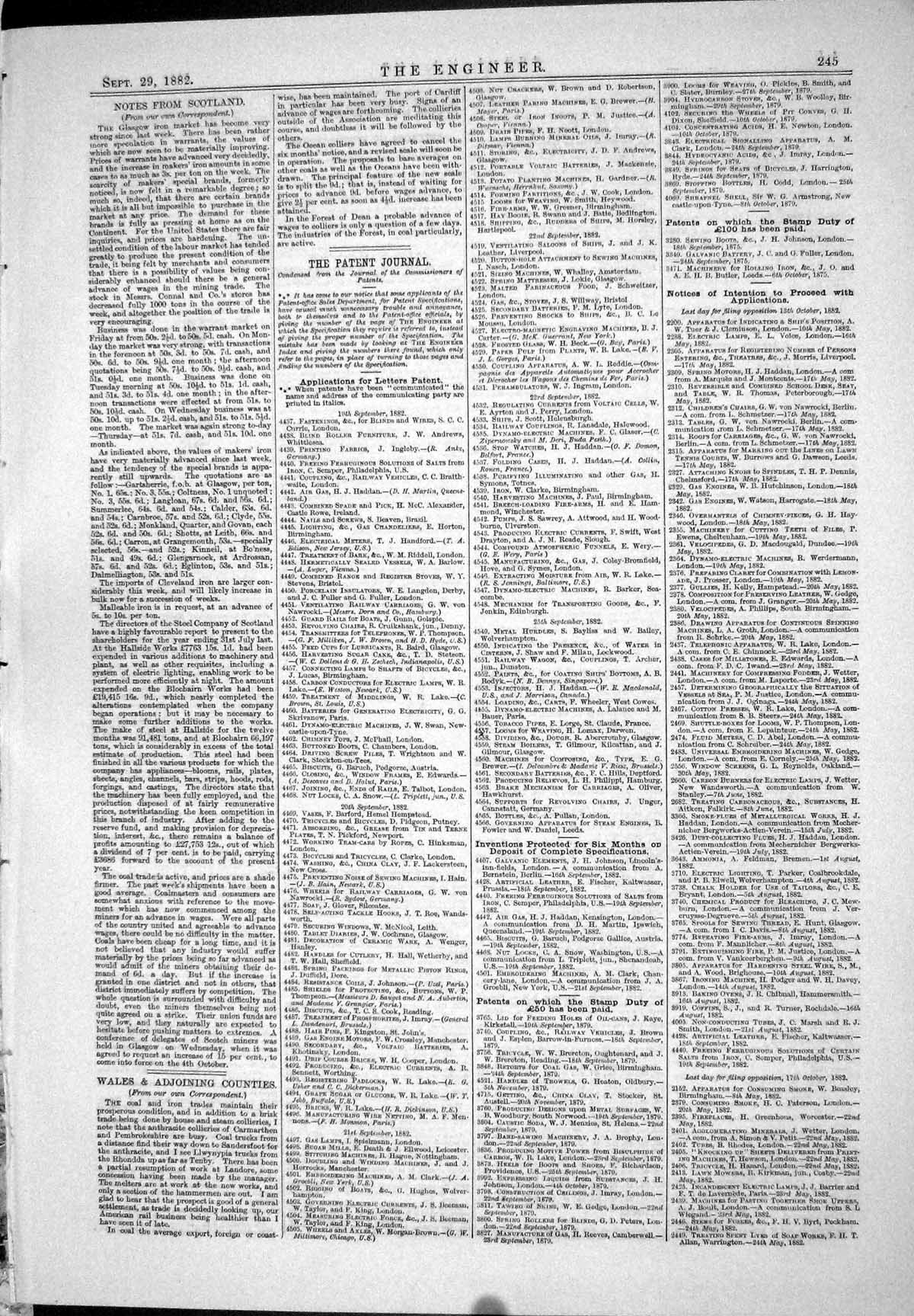 Antique Print 1882 Patents Cochrane Clark Machiney Ripley Johnson Thompson 19th