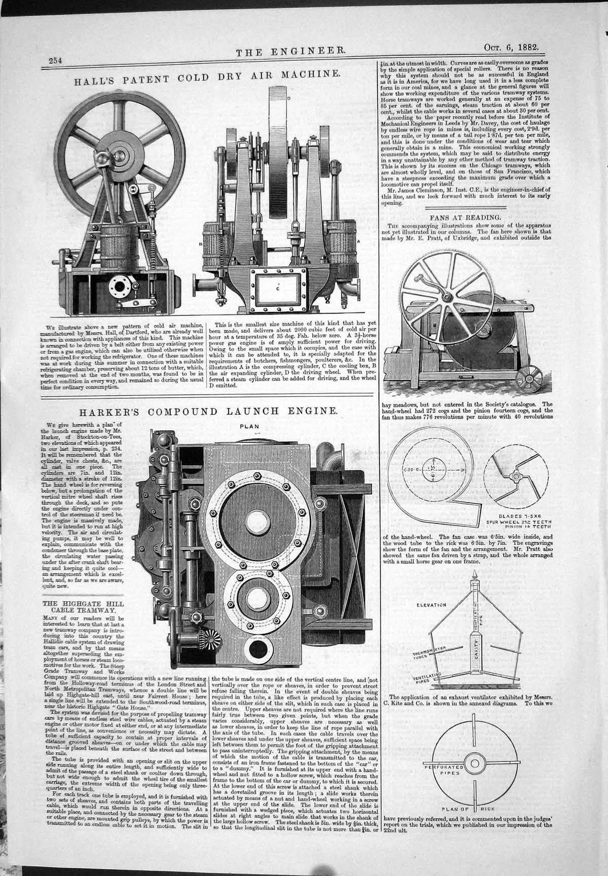 Antique Old Print 1882 Hall Patent CDry Air Machine Harker Compound Engine 19th