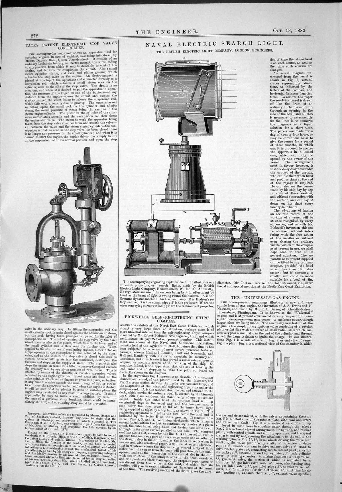 Old Print 1882 Naval Electric Search Light Tate Patent Stop Valve Compass 19th