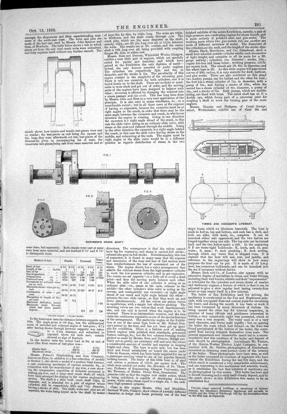 Antique Old Print 1882 Dickinson Crank Shaft Timmis Hodgson Lifeboat Diagrams