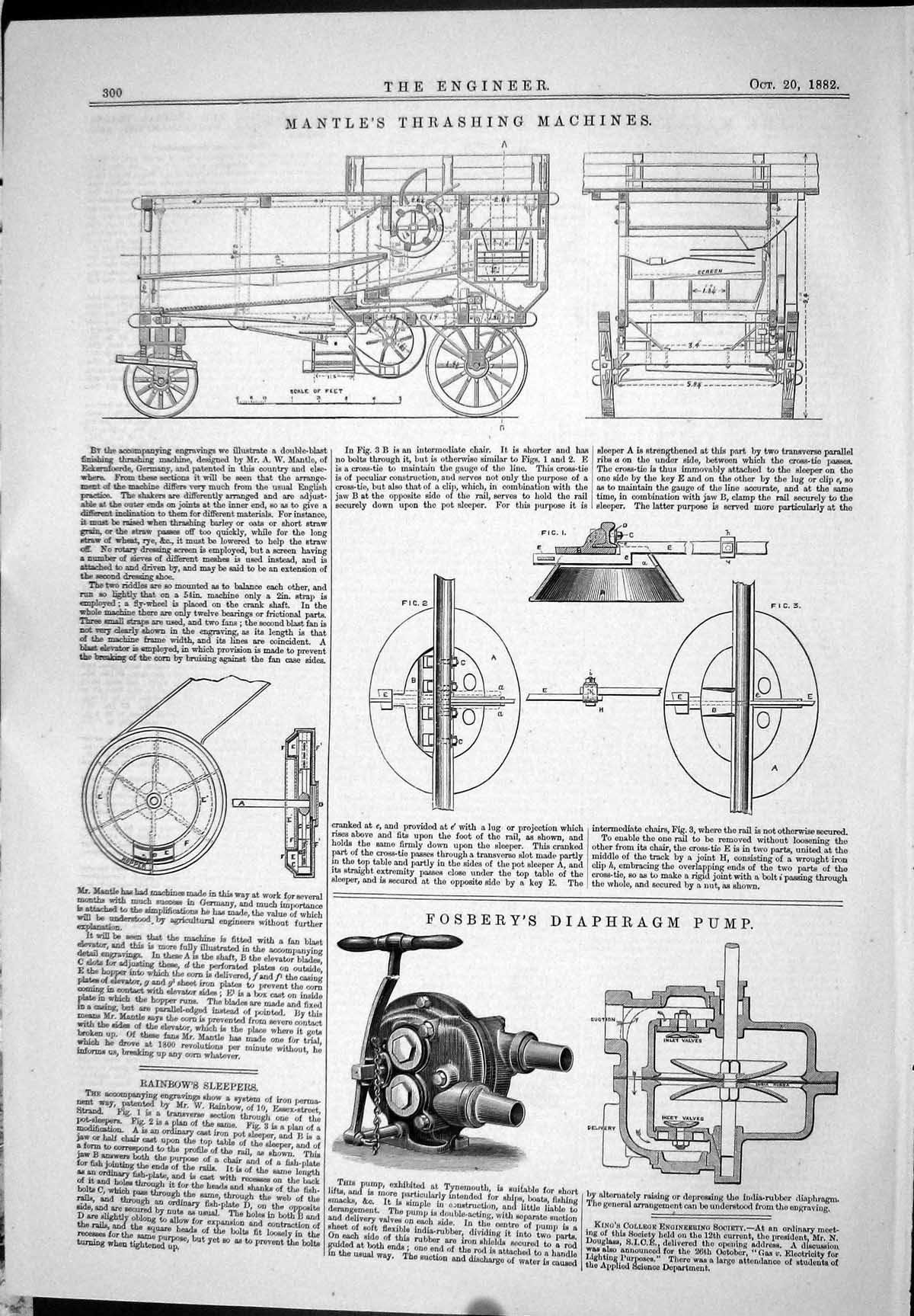 Antique Print 1882 Mantle Thrashing Machines Fosbery Diaphragm Pump Rainbow