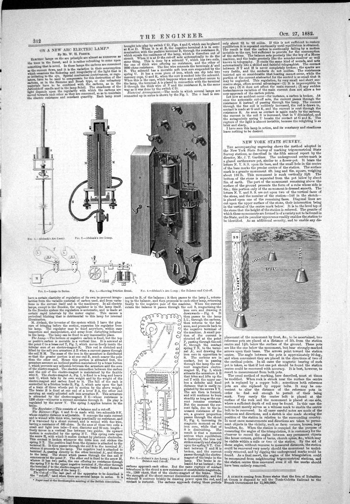 Antique Old Print 1882 Arc Electric Lamp Preece Adbank New York State Survey