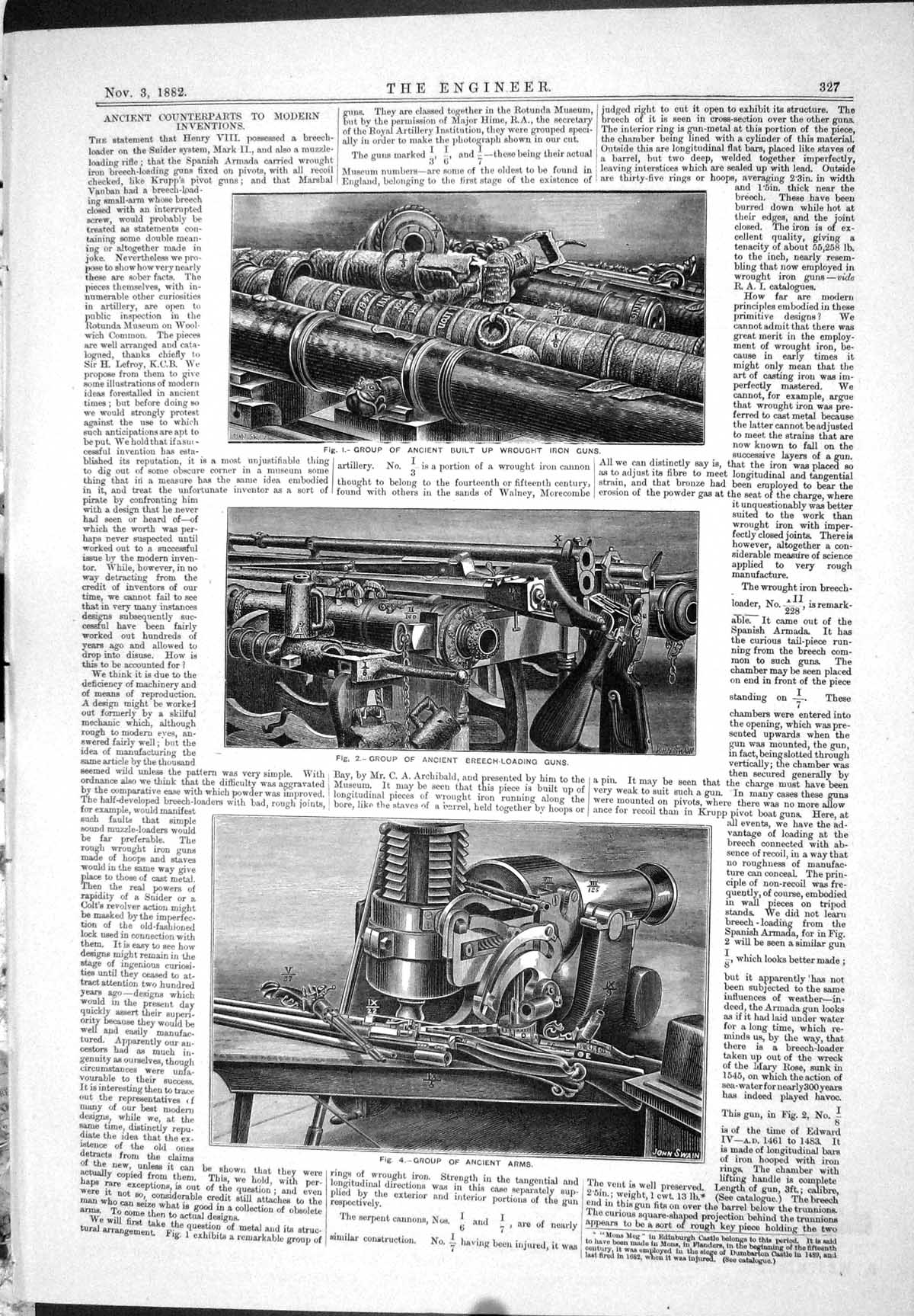 Antique Print 1882 Ancient Counterparts Inventions Arms Guns Storing Recoil