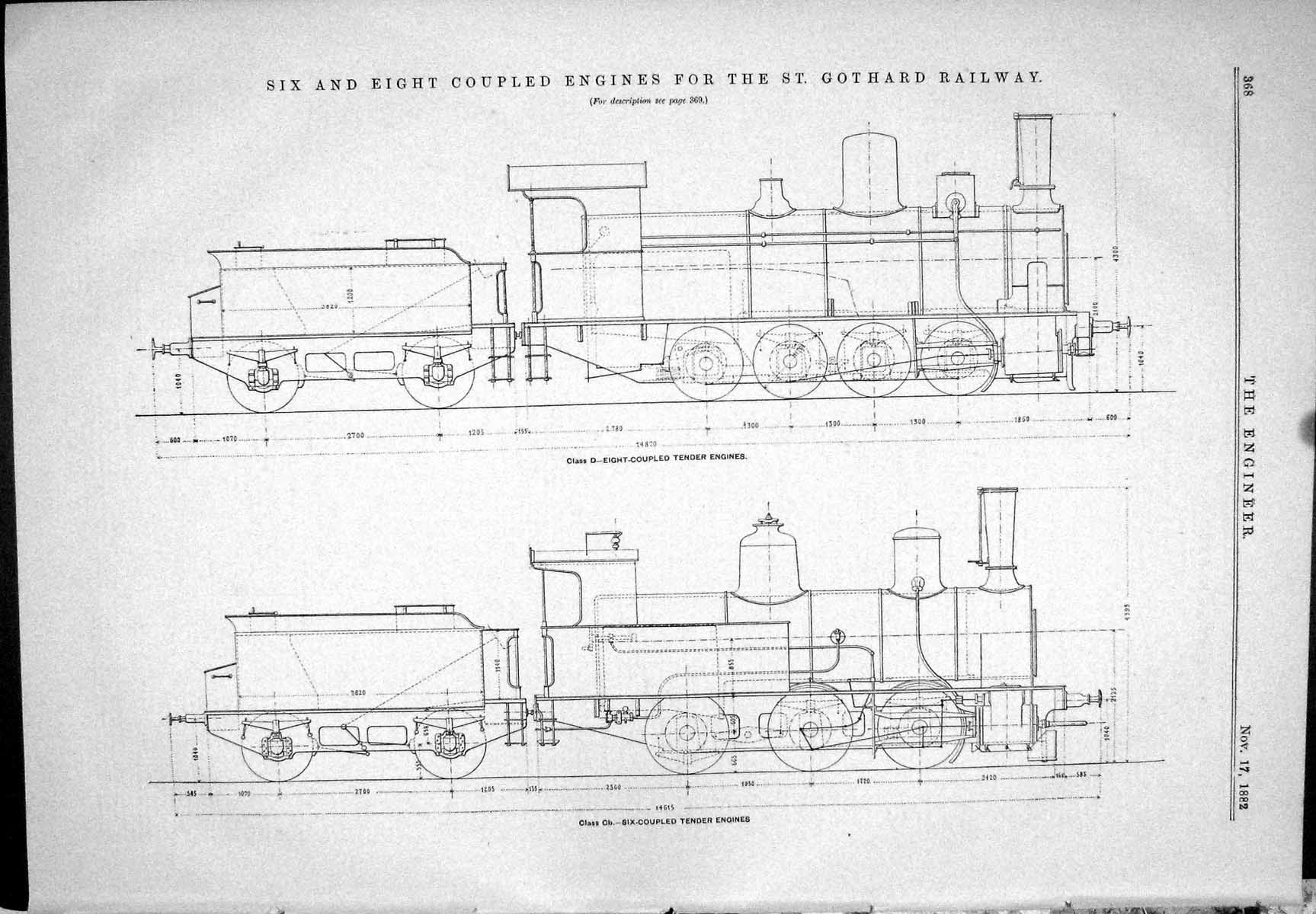 Old Print 1882 Six Eight Coupled Tender Engines St. Gothard Railway Train 19th