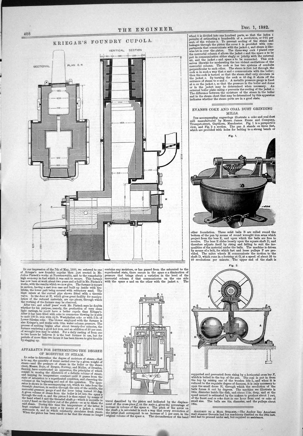 Antique Old Print 1882 Kriegar Foundry Cupola Evans Coke Coal Grinding Mills