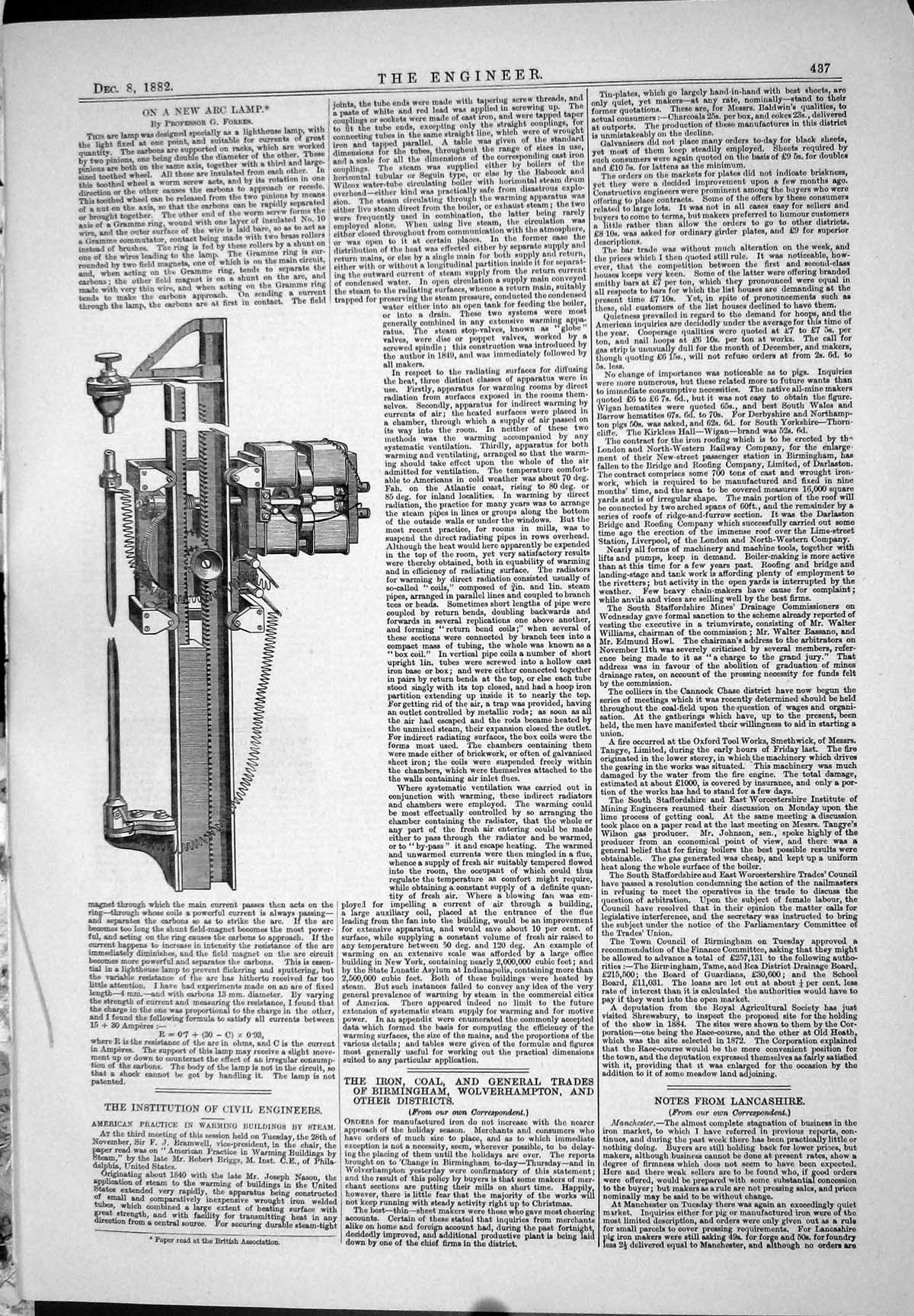 Old Print 1882 Engineering Arc Lamp Professor Forbes Lighthouse Machinery 19th
