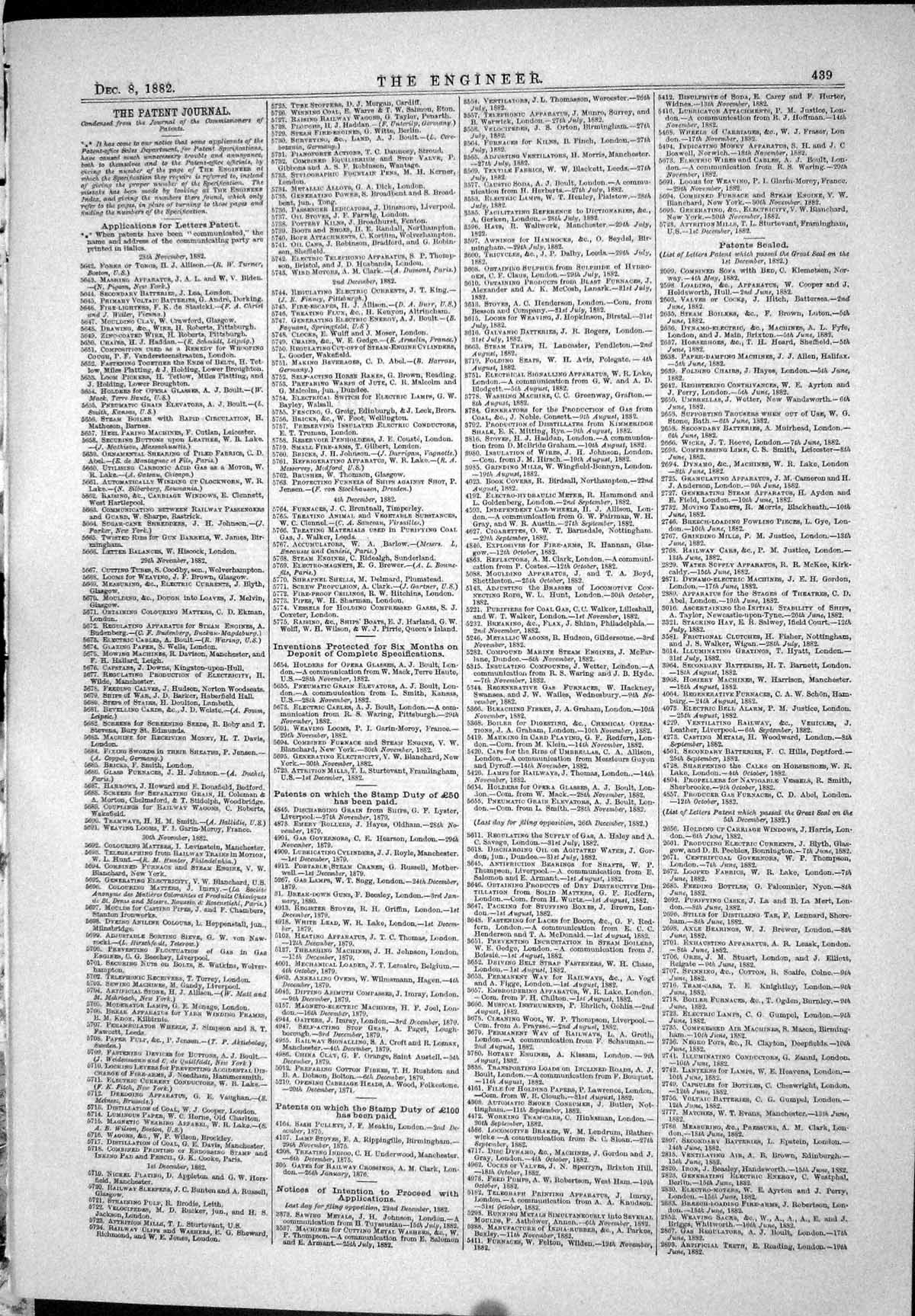 Antique Old Print 1882 Patents Kenyon Edison Aspinall Handford Steam Beesley