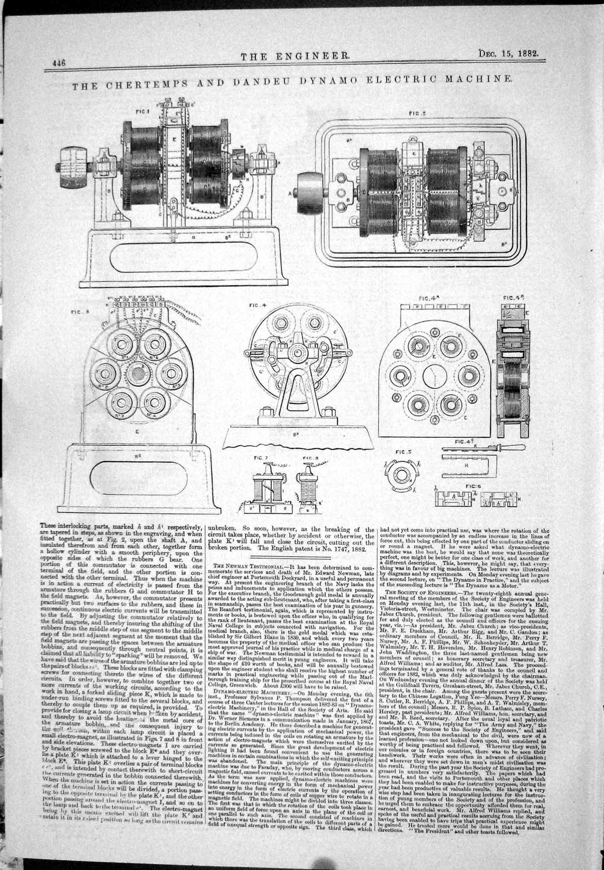 Antique Old Print 1882 Engineering Chertemps Dandeu Dynamo Electric Machine