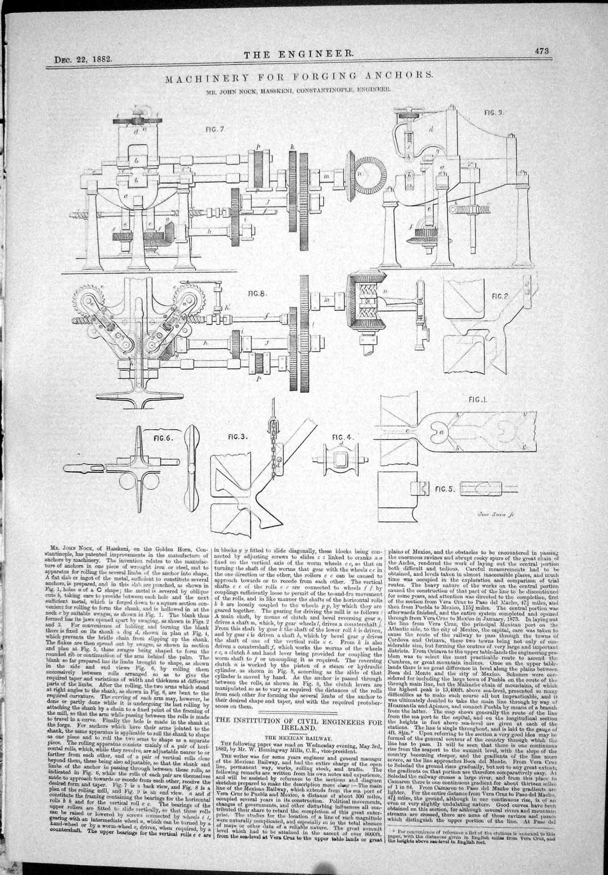 Antique Old Print 1882 Machinery Forging Anchors John Nock Hasskeni Diagrams