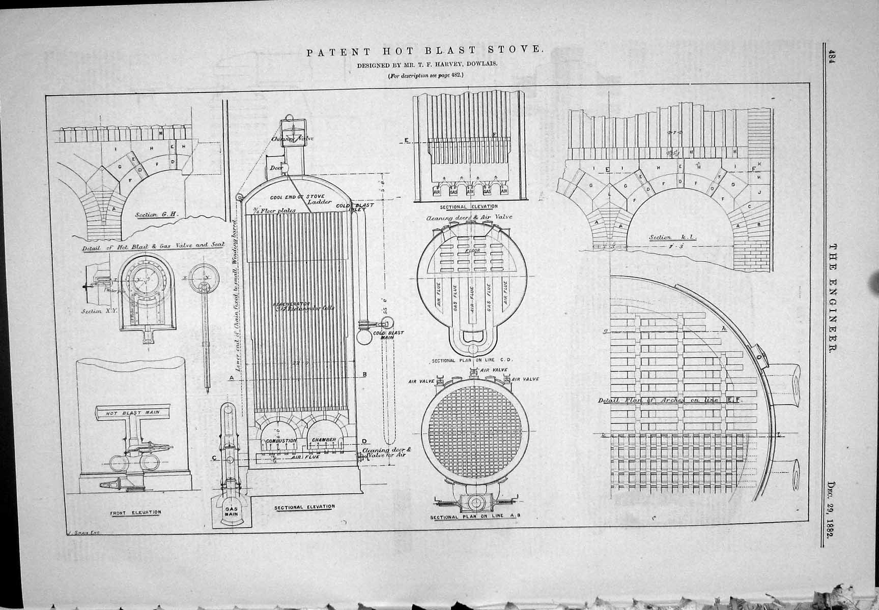 Old 1882 Engineering Patent Hot Blast Stove Harvey Dowlais Air Valve Victorian