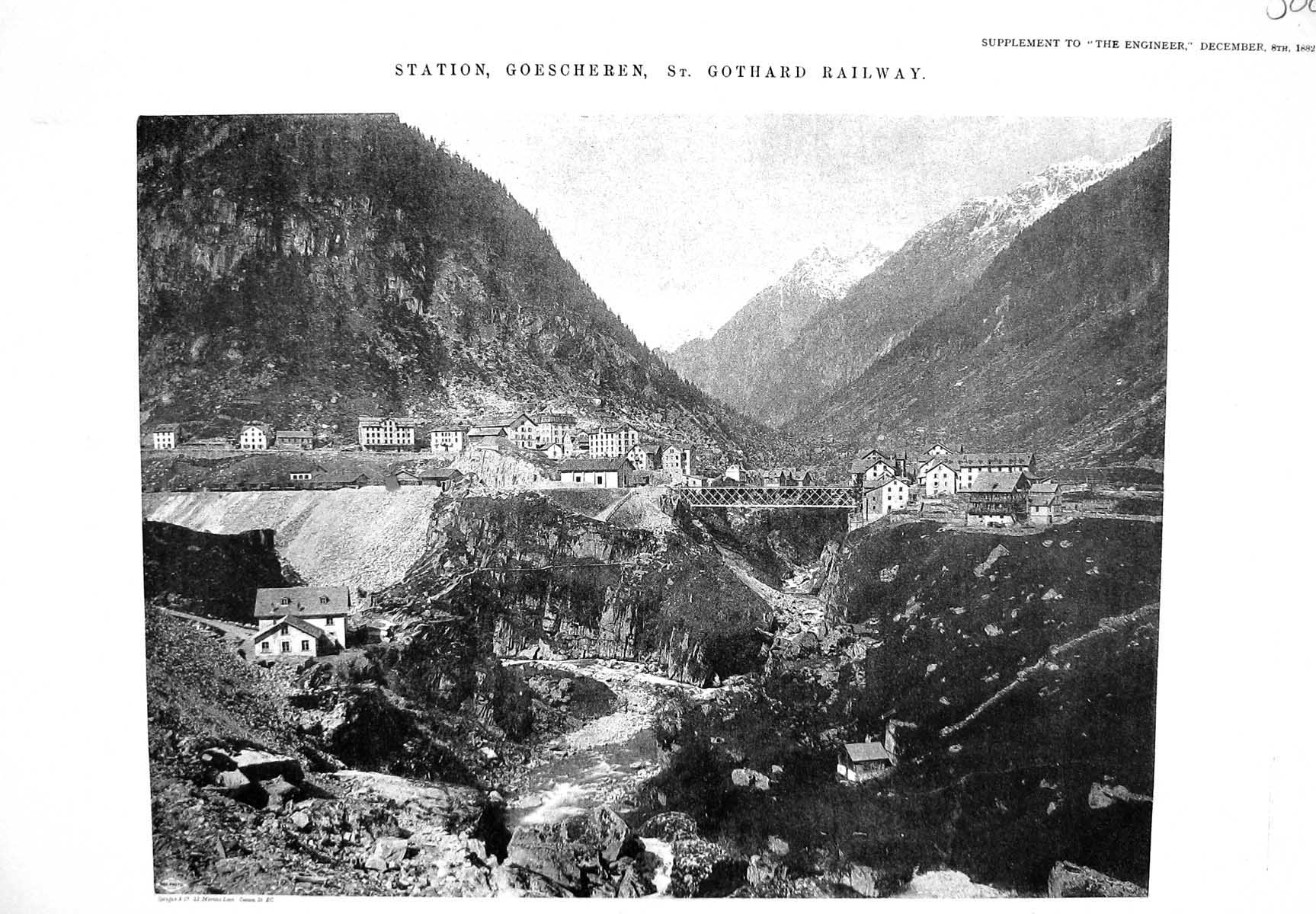 Old 1882 Engineering Photograph St. Gothard Railway Station Goeschere Victorian