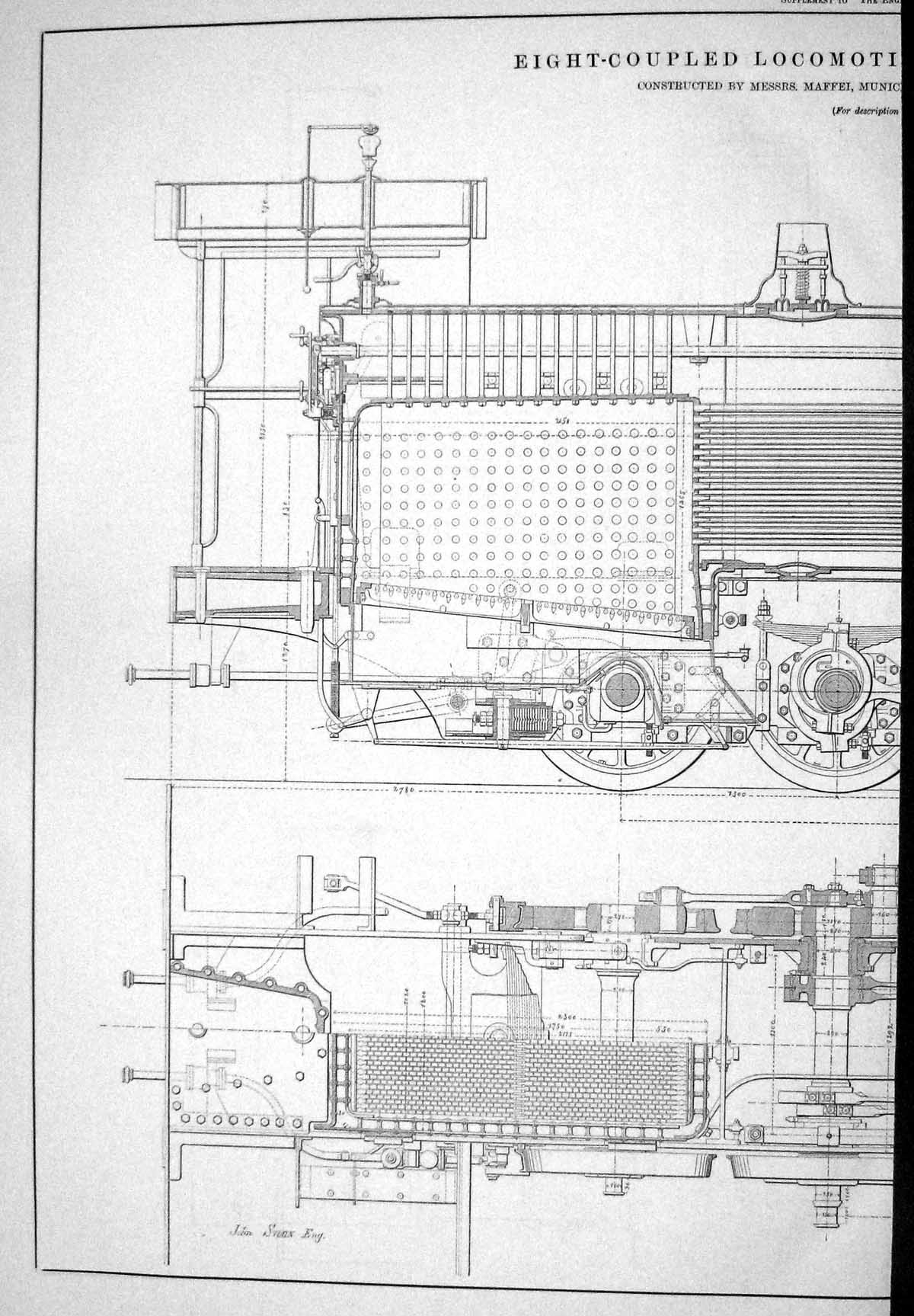 Antique Old Print 1882 Eight-Coupled Locomotive Train Gothard Railway Maffel