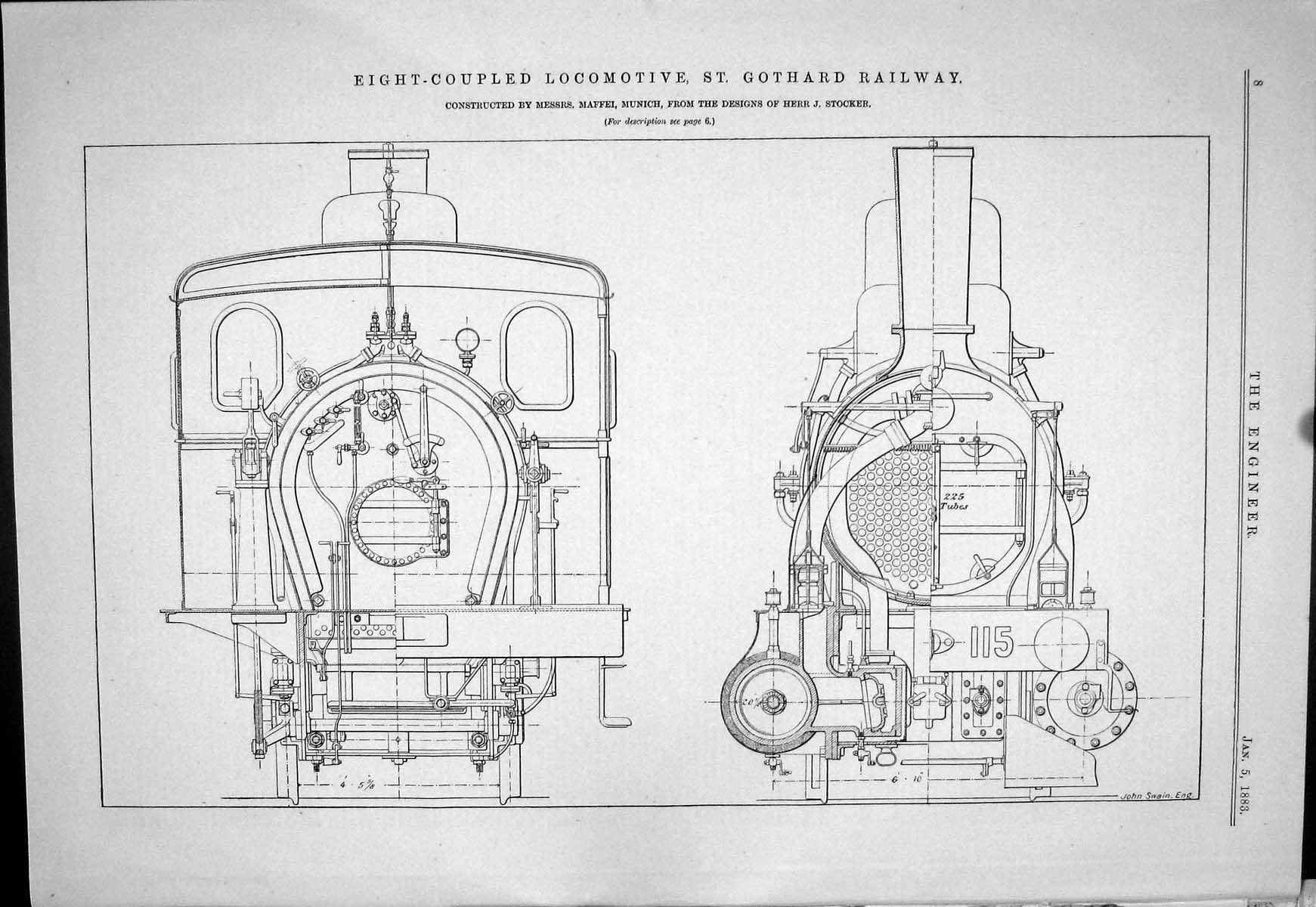 Old Print 1883 Eight-Coupled Locomotive St. Gothard Railway Train Maffei 19th