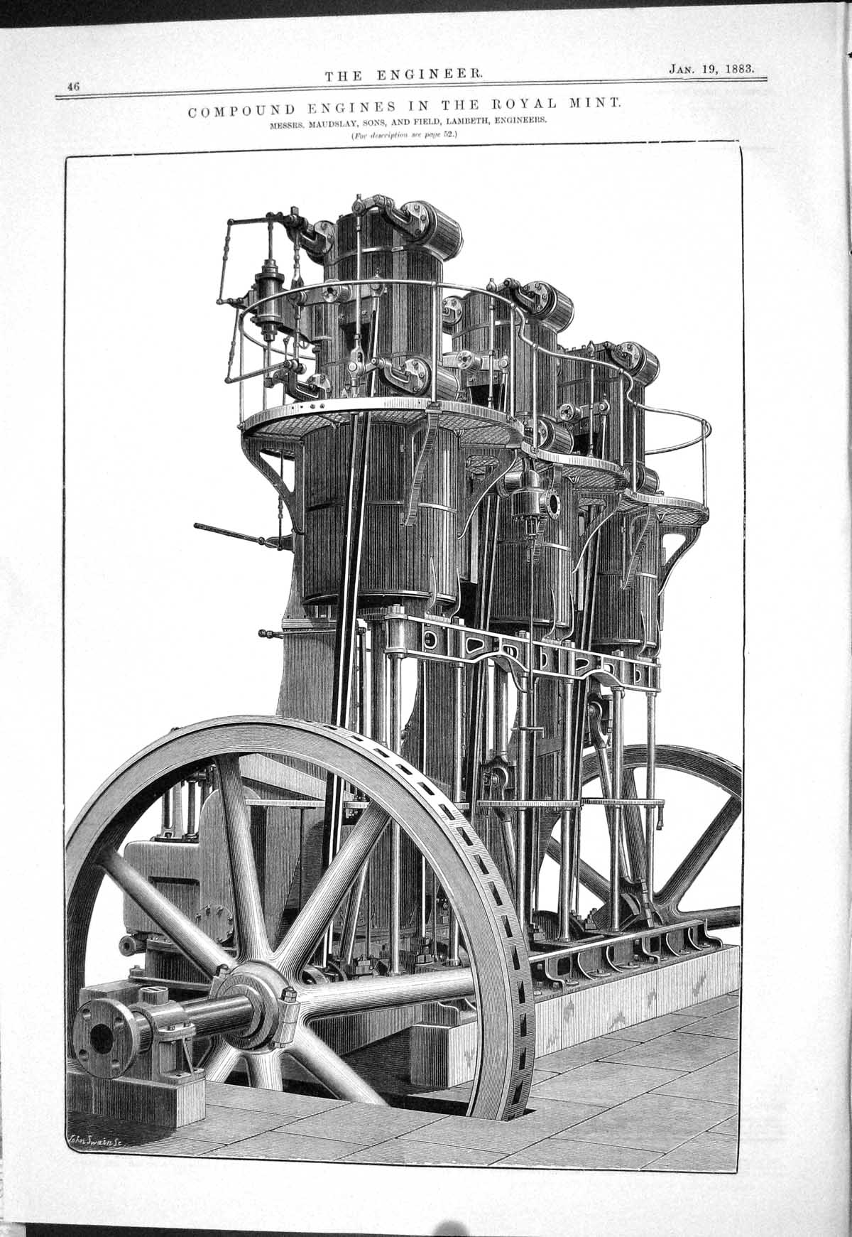 Antique Old Print 1883 Compound Engines Royal Mint Maudslay Lambeth Machinery