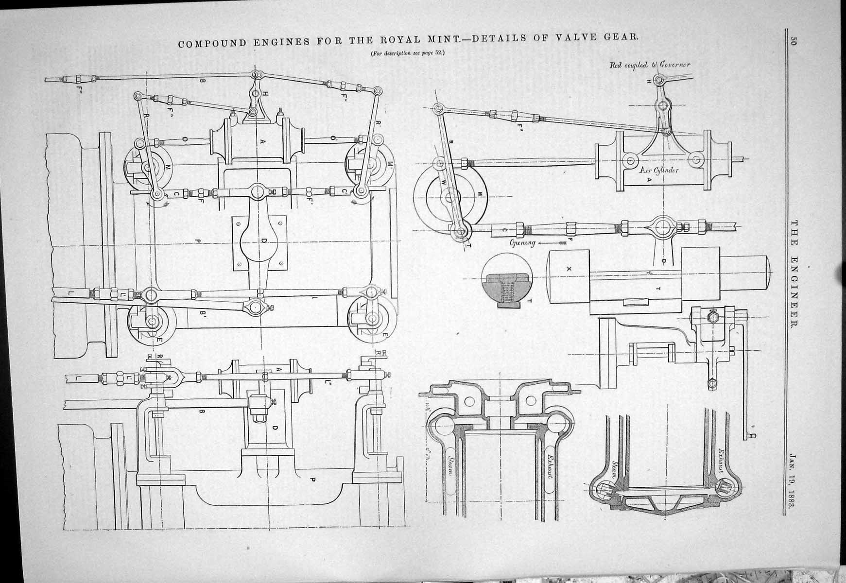 Antique Print 1883 Compound Engines Royal Mint Details Valve Gear Machinery