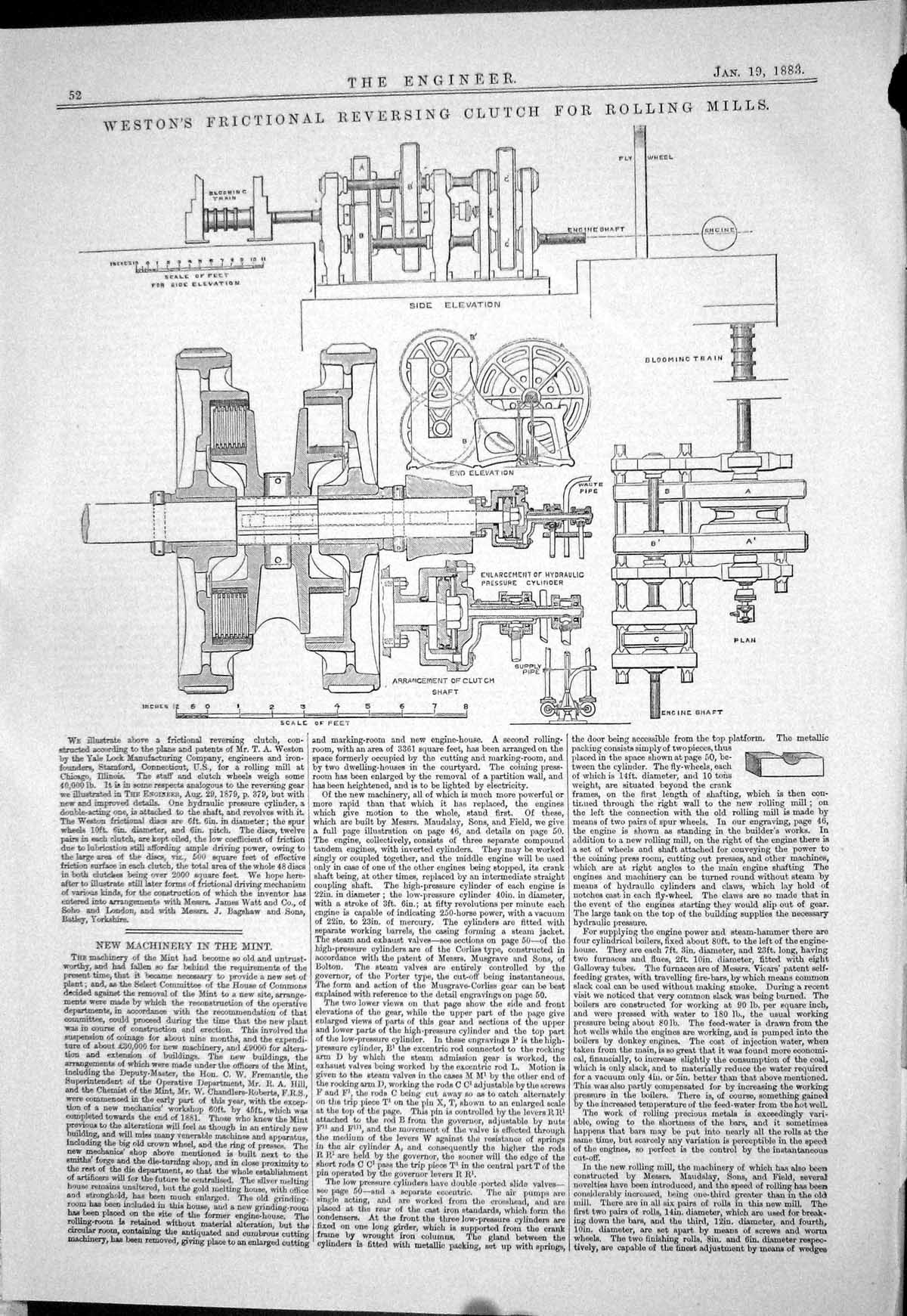 Old Print 1883 Weston Frictional Reversing Clutch Rolling Mills Machinery 19th