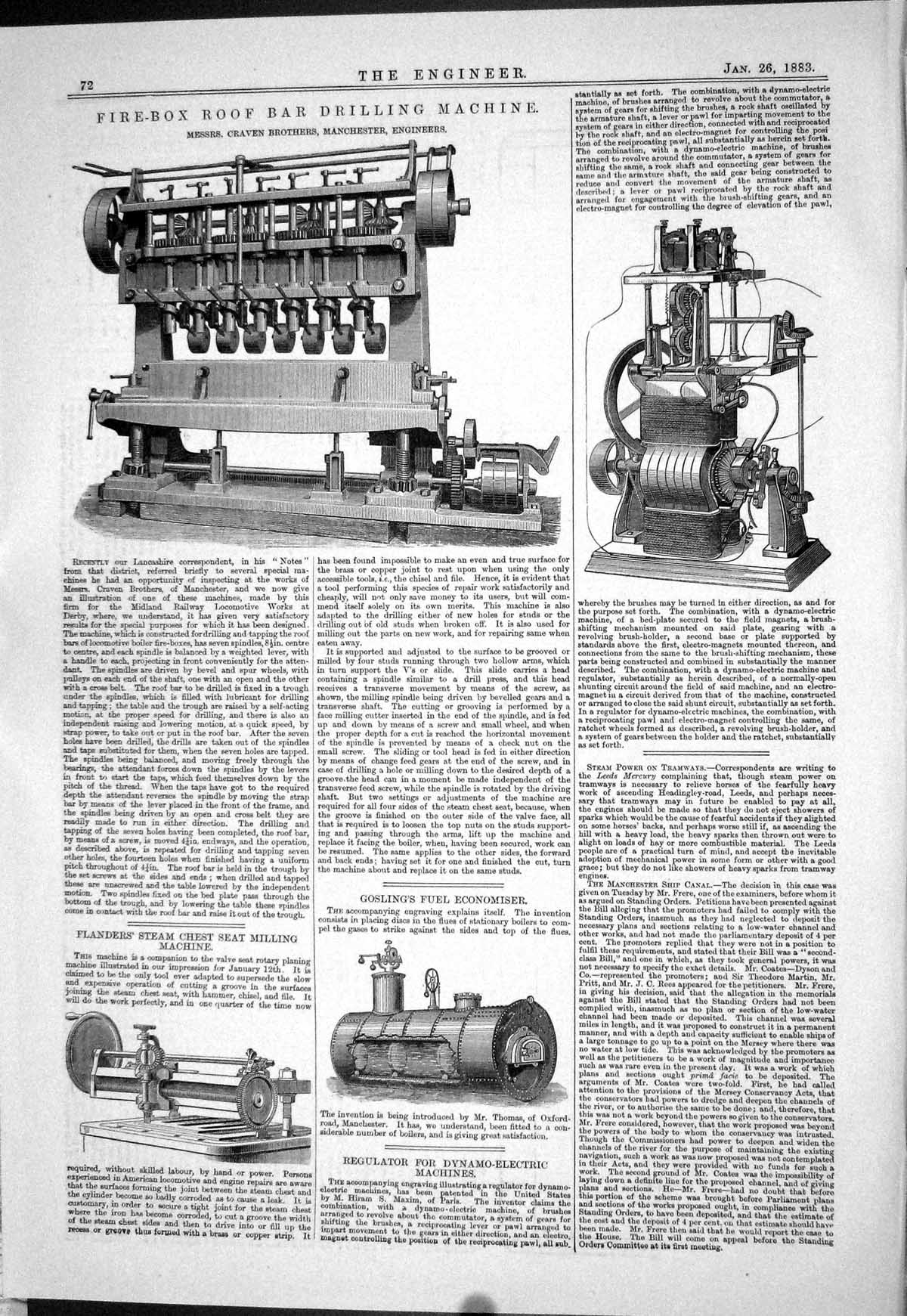 Antique Print 1883 Fire-Box Robar Drilling Machine Craven Flanders Gosling 19th