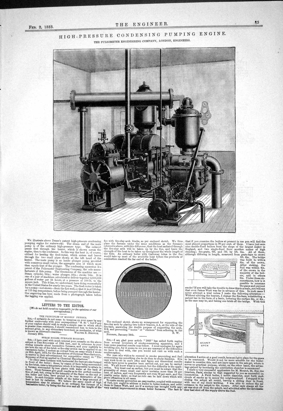 Old Print 1883 High-Pressure Condensing Pumping Engine Pulsometer London 19th