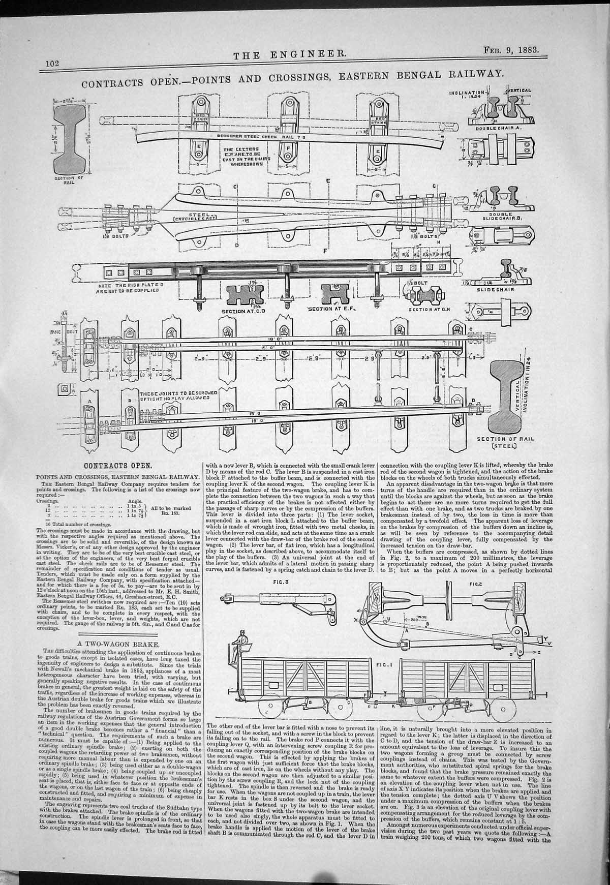 Antique Print 1883 Points Crossings Eastern Bengal Railway Two-Wagon Brake 19th