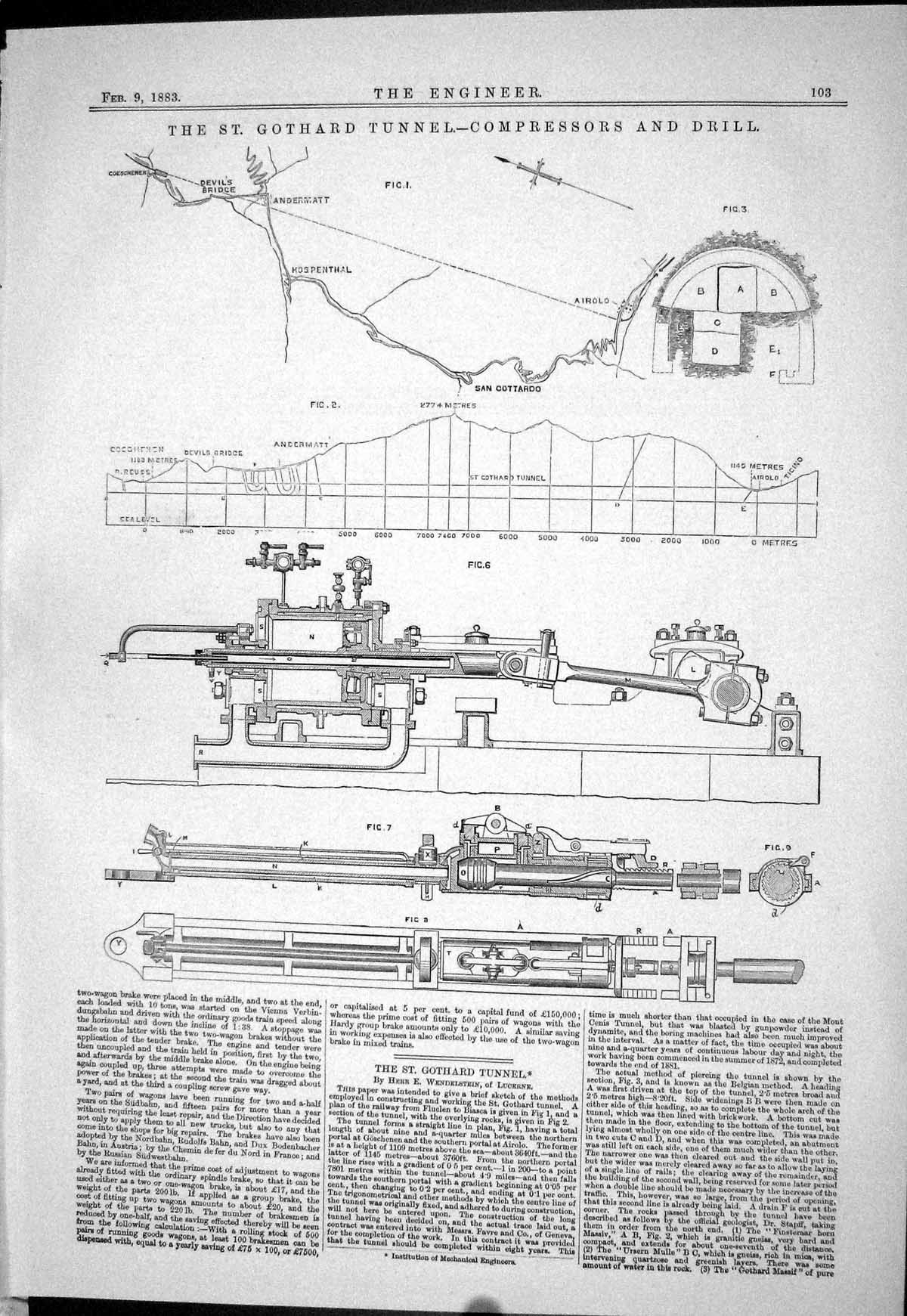 Antique Old Print 1883 St. Gothard Tunnel Compressors Drill Machinery Railway
