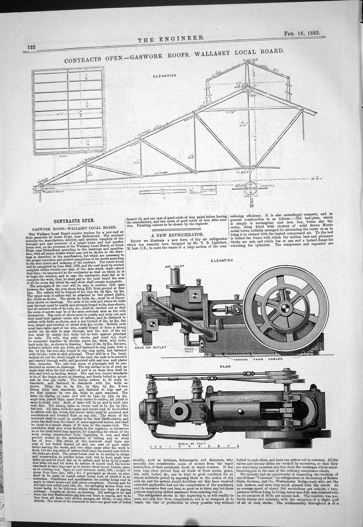 Old Print 1883 Gaswork Roofs Wallasey Local Board Refrigerator Machiinery 19th