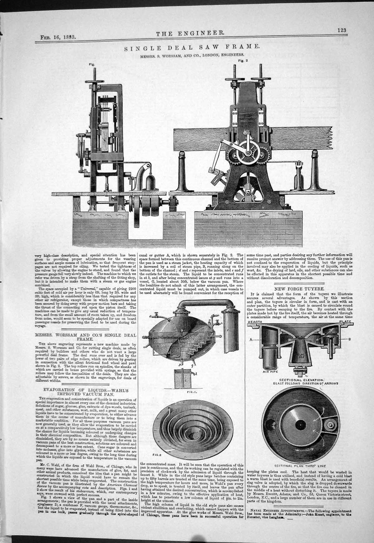 Old Print 1883 Single Deal Saw Frame Worssam Forge Tuyere Wahl Vacuum Pan 19th