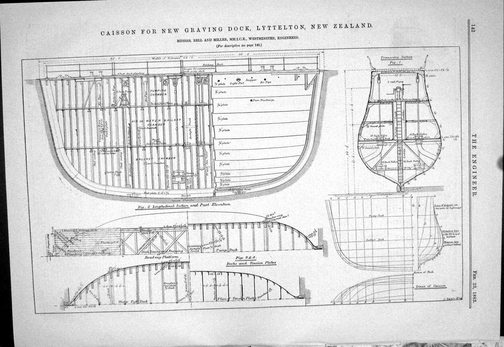 Antique Old Print Caisson Graving Dock Lyttelton New Zealand Bell Miller 1883