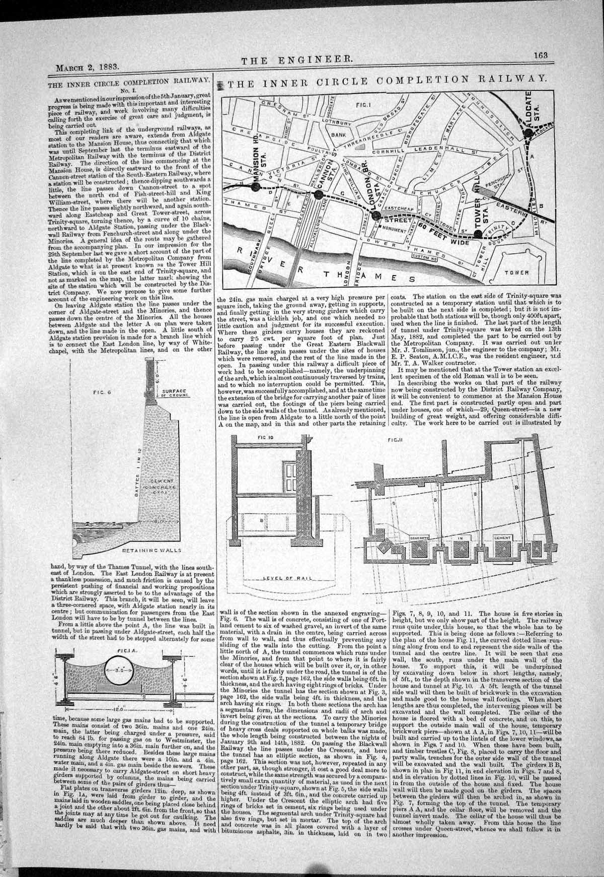 Old Print 1883 Inner Circle Completion Railway River Thames Canon Street 19th