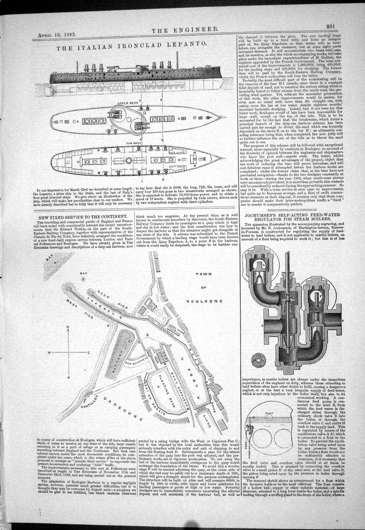 Old 1883 Italian Ironclad Ship Lepanto Jochumsen Feed-Water Map Boulo Victorian