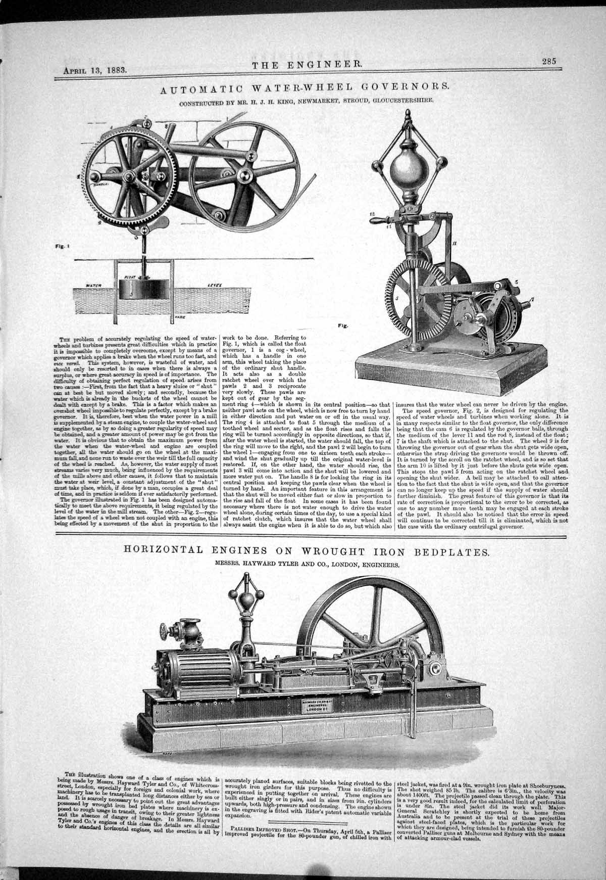 Old Print 1883 Automatic Water-Wheel Governors King Engine Hayward Tyler 19th