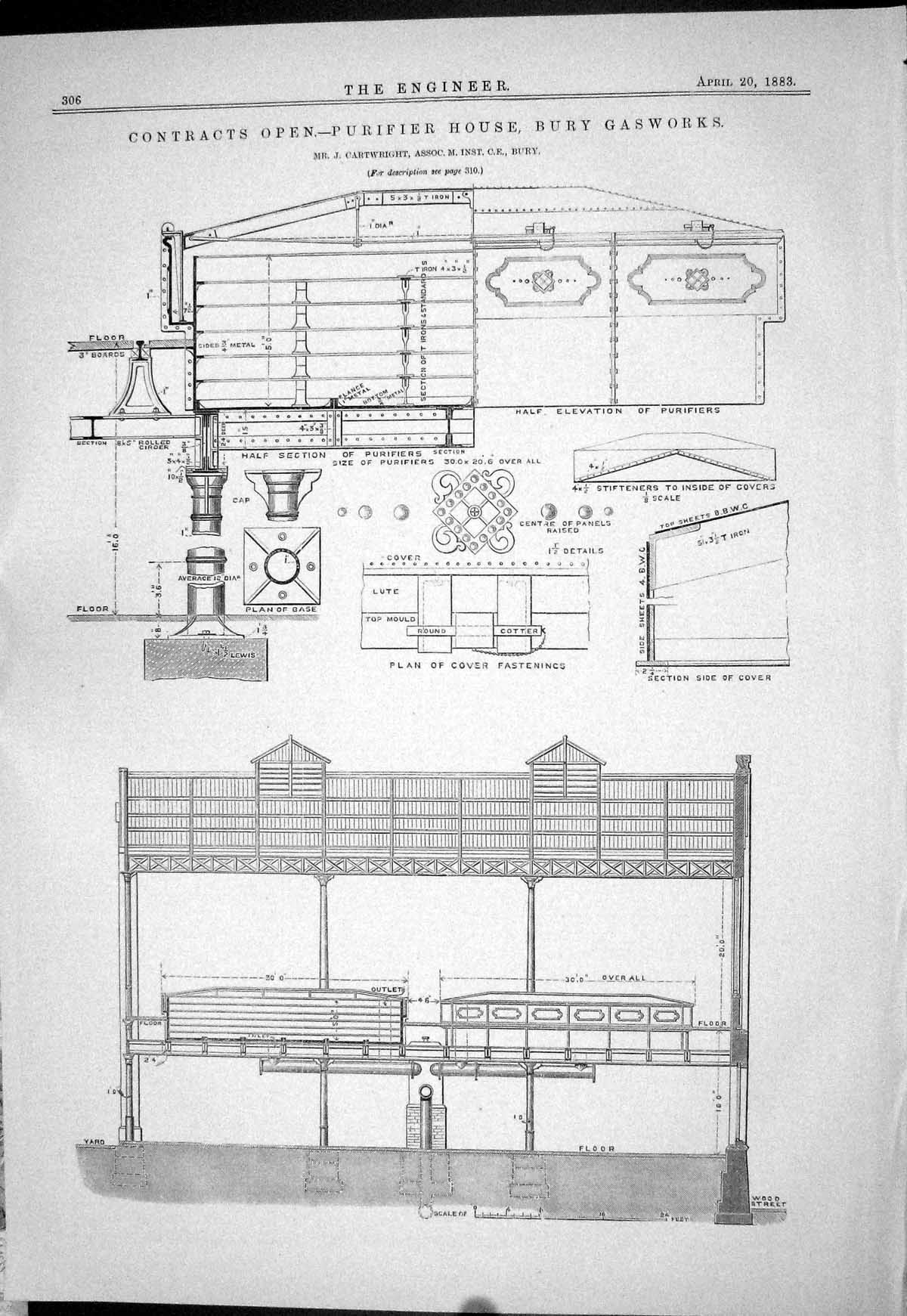 Antique Old Print 1883 Purifier House Bury Gasworks Cartwright Contracts Open