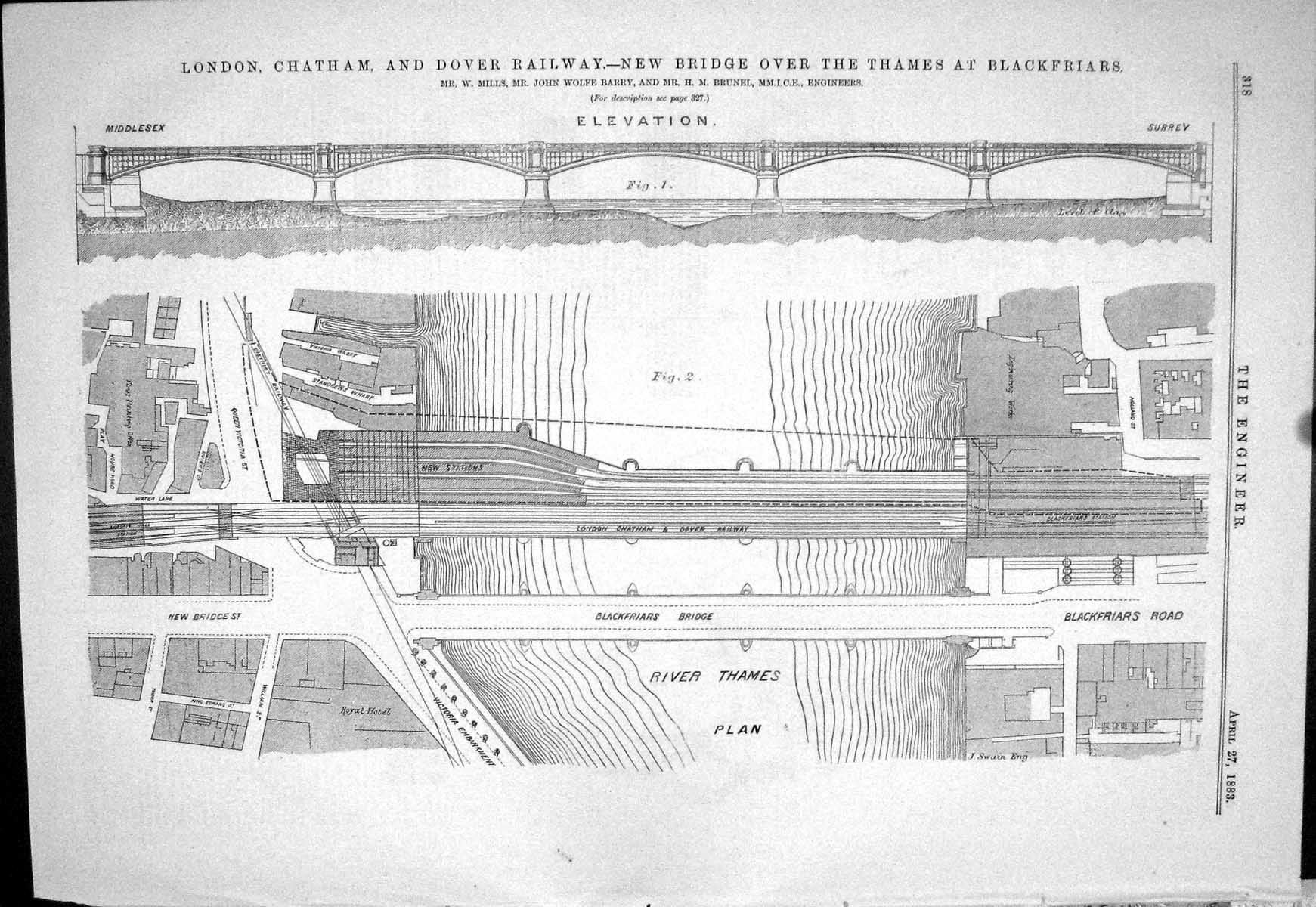 Old 1883 Bridge Thames Blackfriars London Railway Mills Barry Brunel Victorian