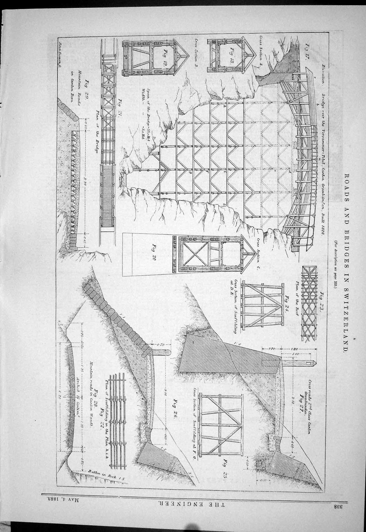 Antique Old Print 1883 Roads Bridges Switzerland Versammer-Tobel Canton Bern