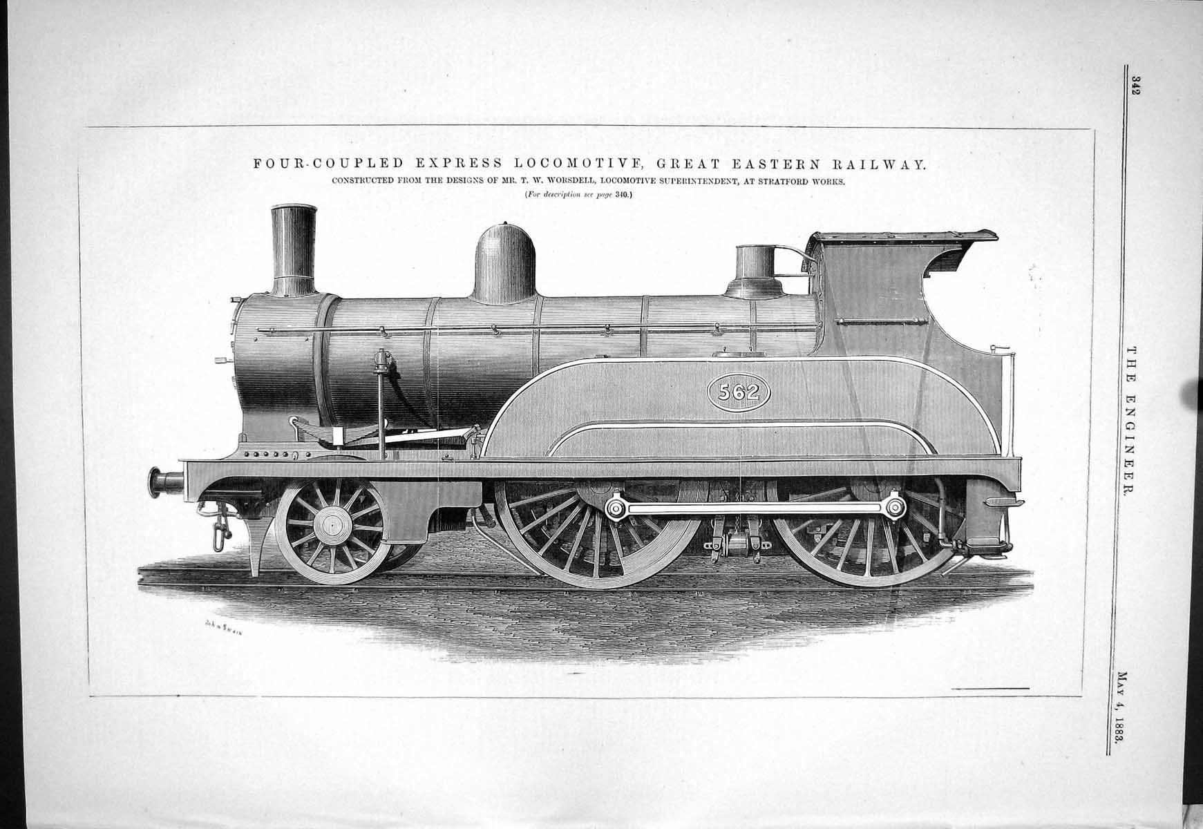 Old 1883 Four-Coupled Train Locomotive Great Eastern Railway Worsdell Victorian