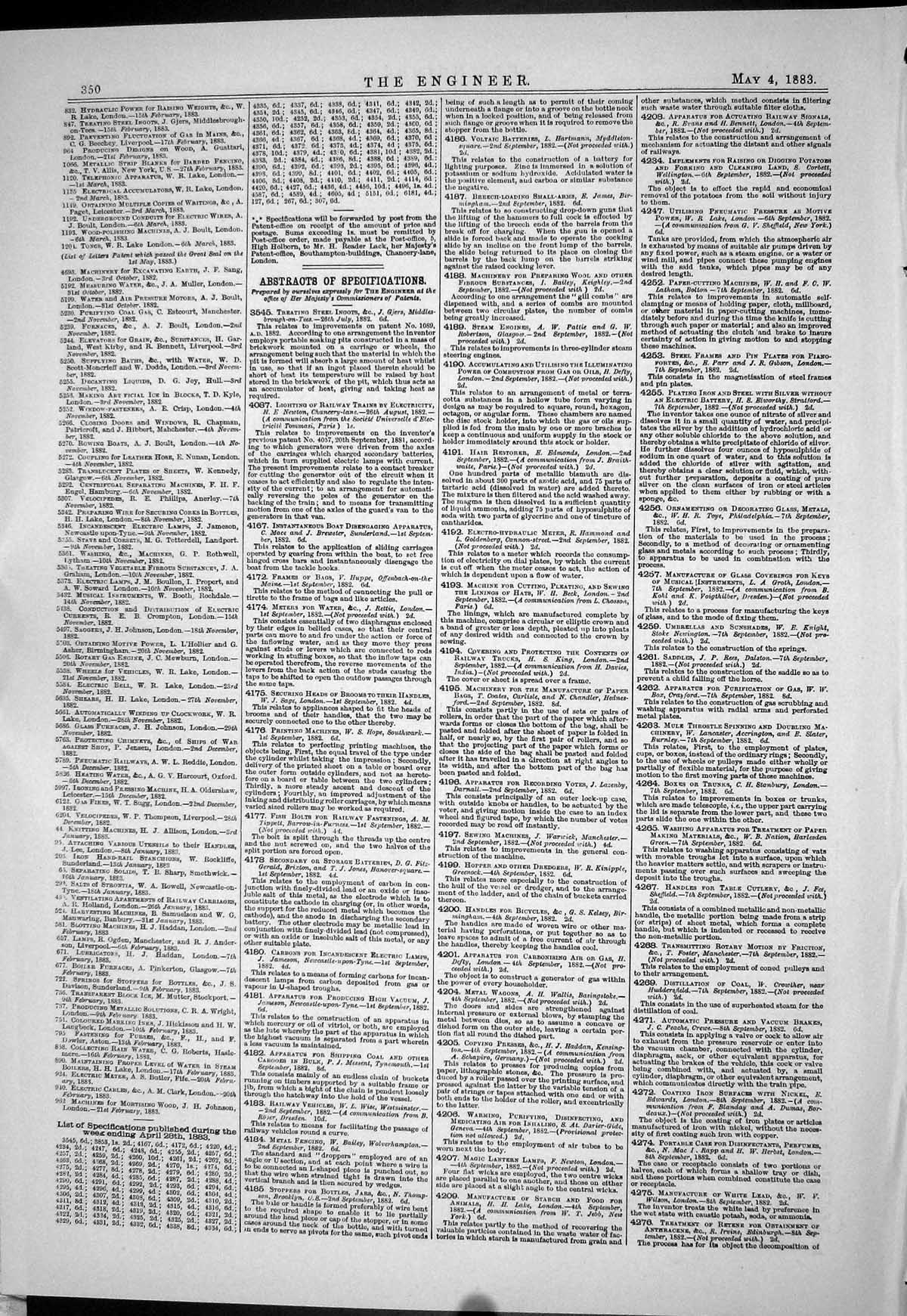 Old Print 1883 Patents Dewrance Wimshurst Allen Engines Clark Depres Swan 19th