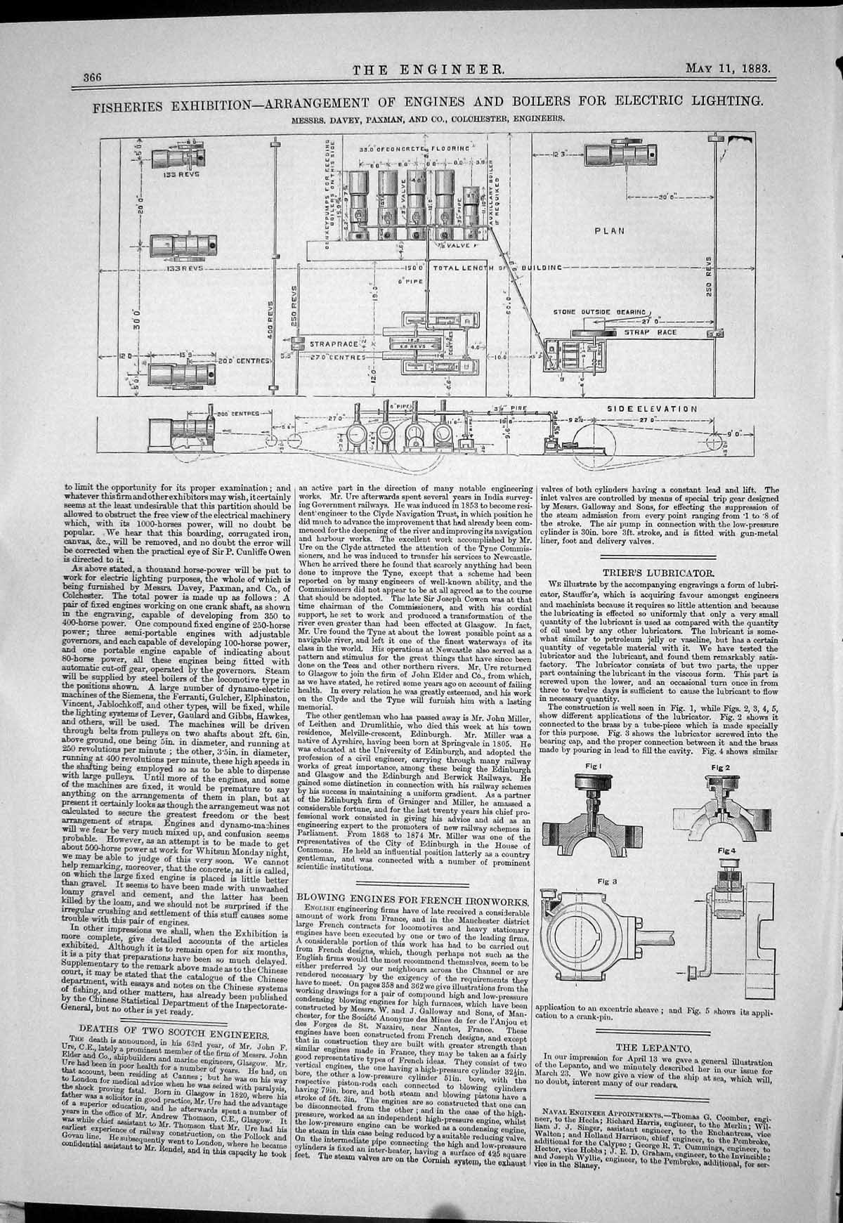Old Print 1883 Arrangement Engines Boilers Electric Lighting Davey Paxman 19th