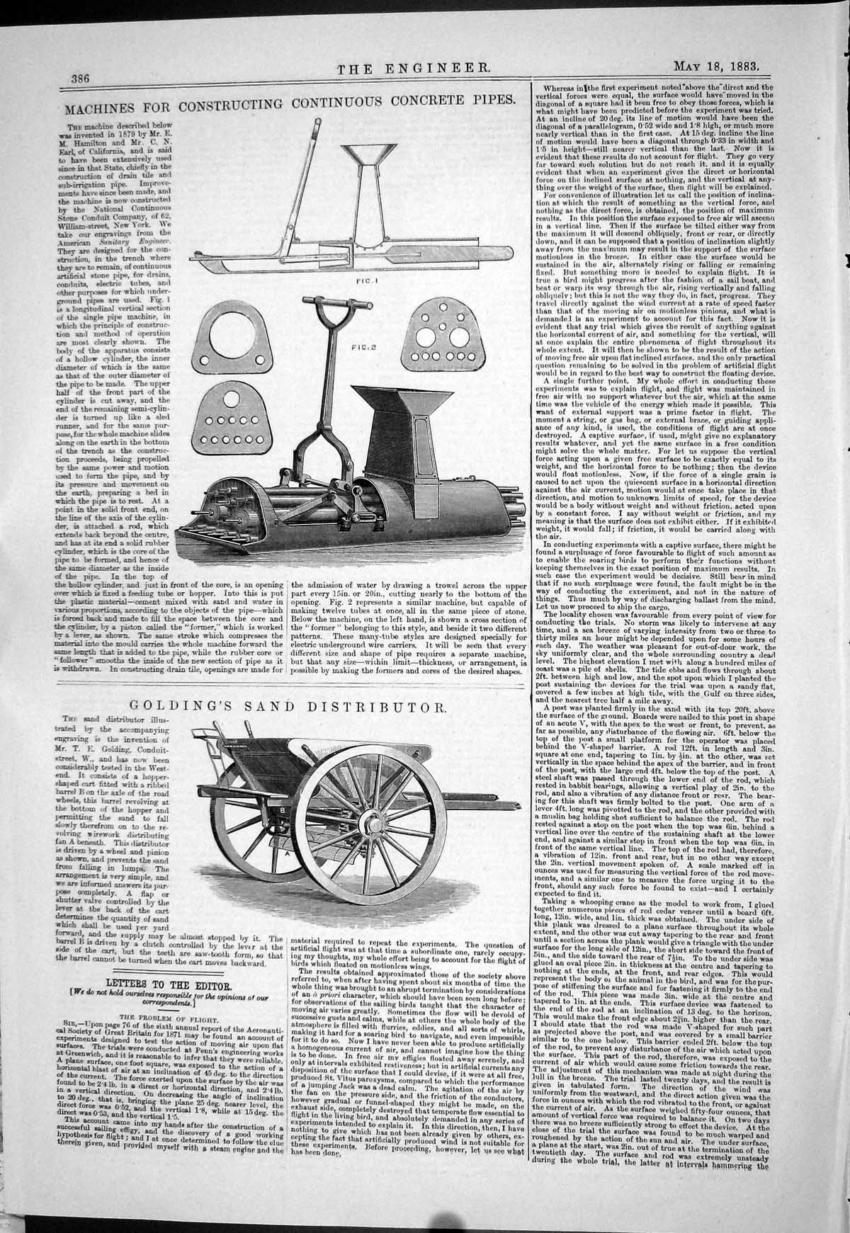 Old Print 1883 Machines Constructing Continuous Concrete Pipes Ging Sand 19th