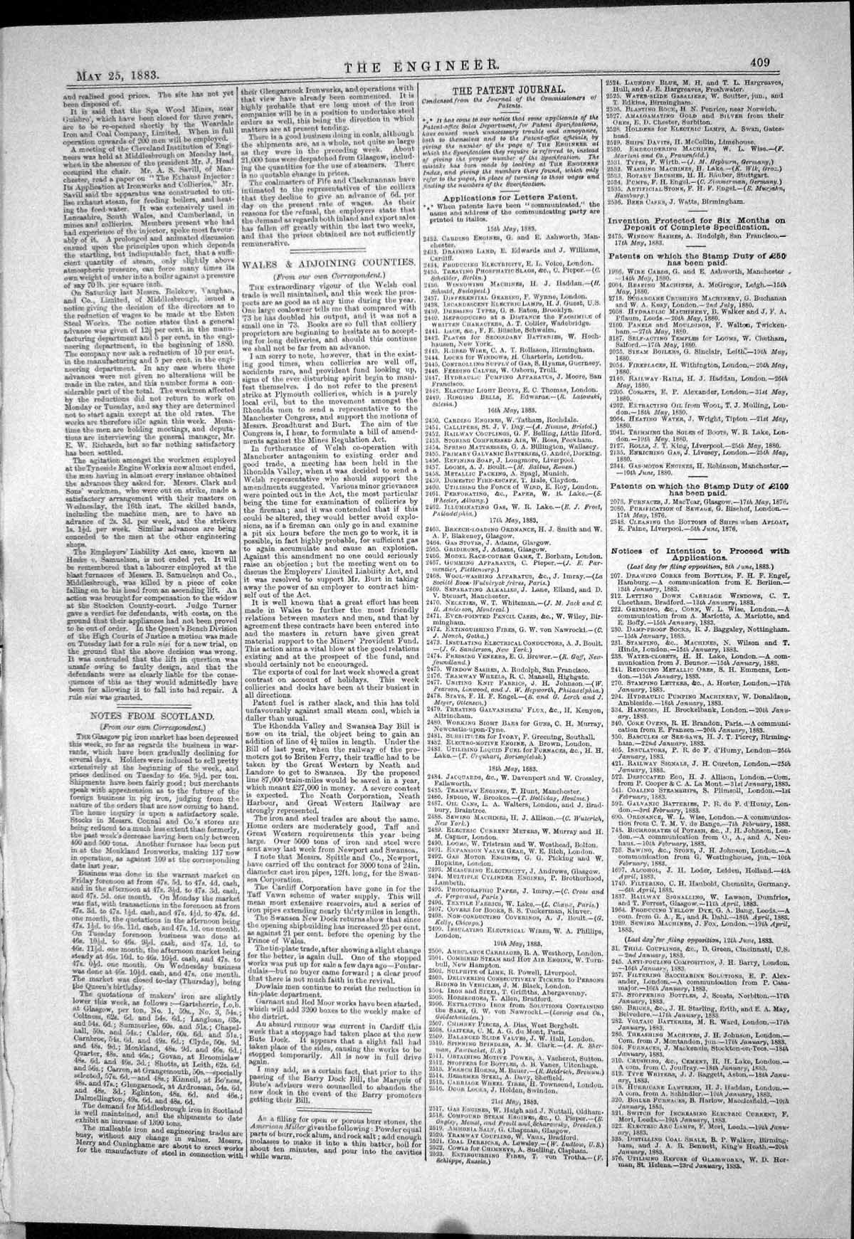 Old Print 1883 Patents Fowler Daniel Twedell Gruson Immisch Brush Seymour 19th