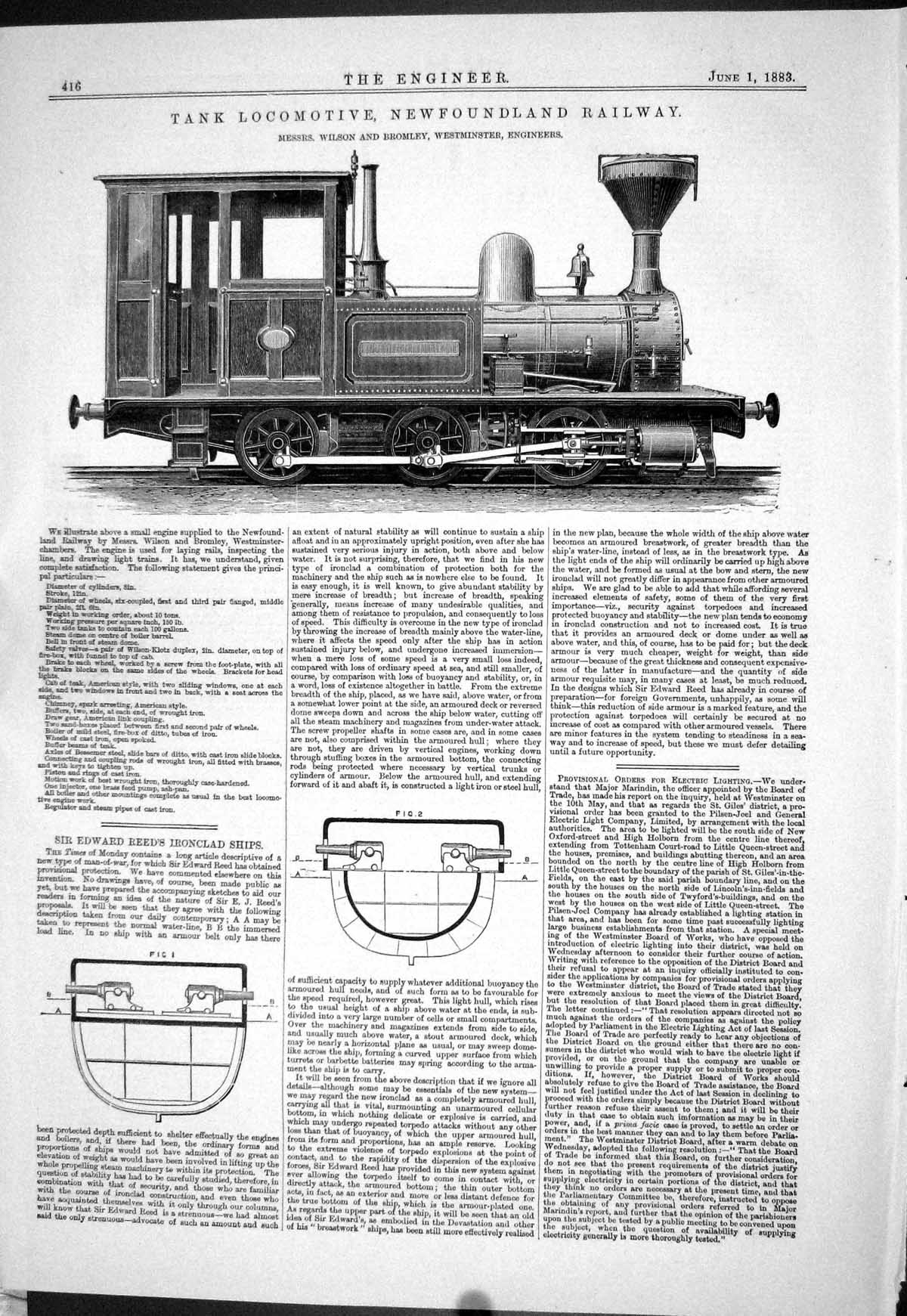 Old Print 1883 Tank Locomotive Newfoundland Railway Train Wilson Bromley 19th