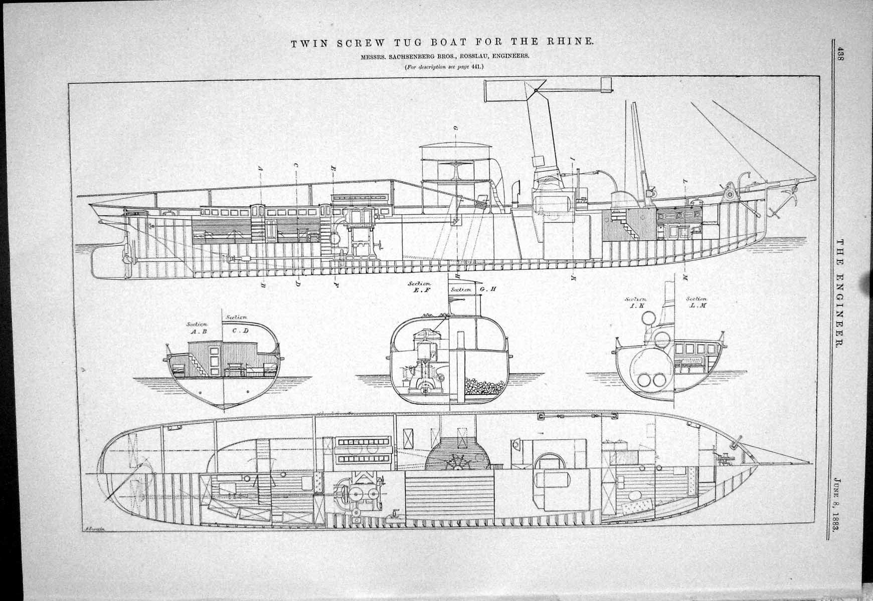 Old Engineering 1883 Twin Screw Tug Boat River Rhine Sachsenberg Ross Victorian