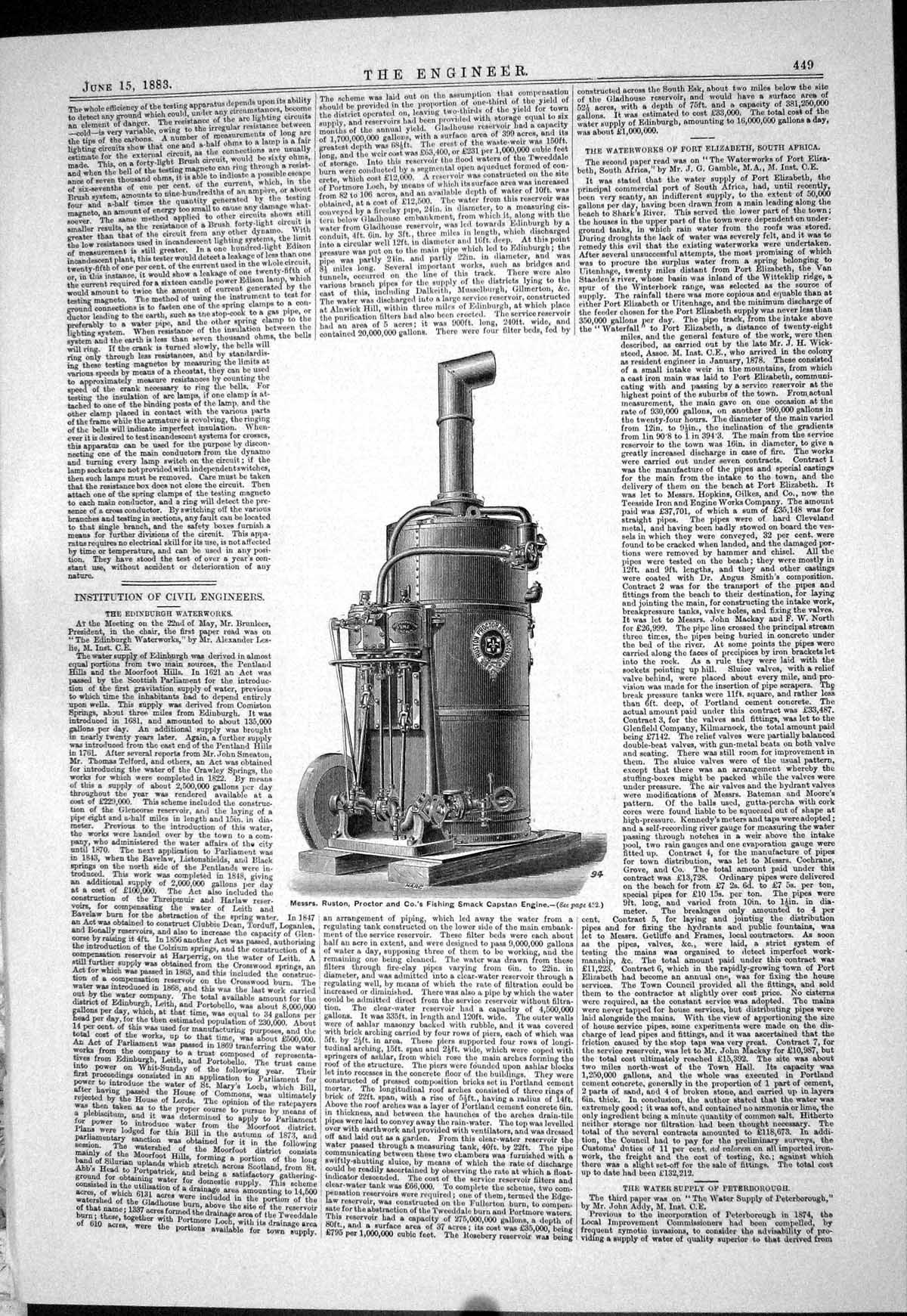 Antique Old Print 1883 Ruston Proctor Fishing Smack Capstan Engine Machinery