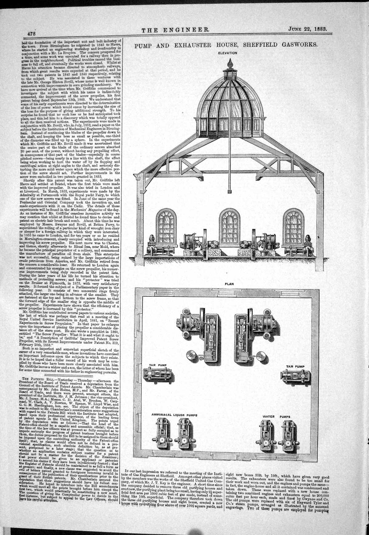 Old Print 1883 Pump Exhauster House Sheffield Gasworks Ammoniacal Liquor 19th