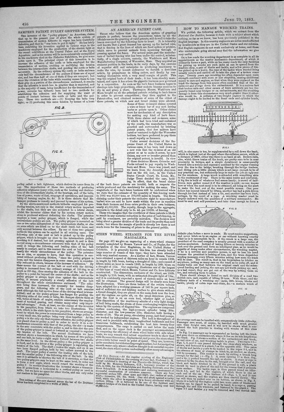 Antique Print 1883 Samper Patent Pulley Gripper System Train Wrecks Tracks 19th