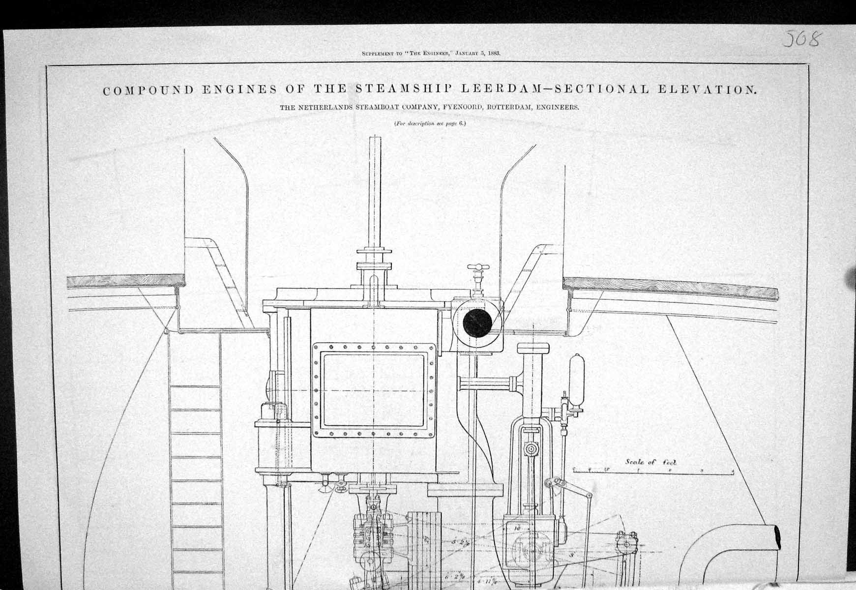Antique Old Print 1883 Compound Engines Steamship Leerdam Fyenoord Rotterdam